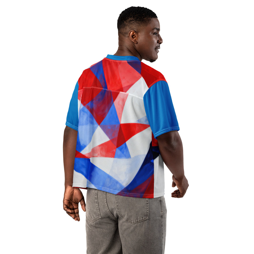 Back-view boxy football jersey in blue with red and white geometric pattern, V-neck