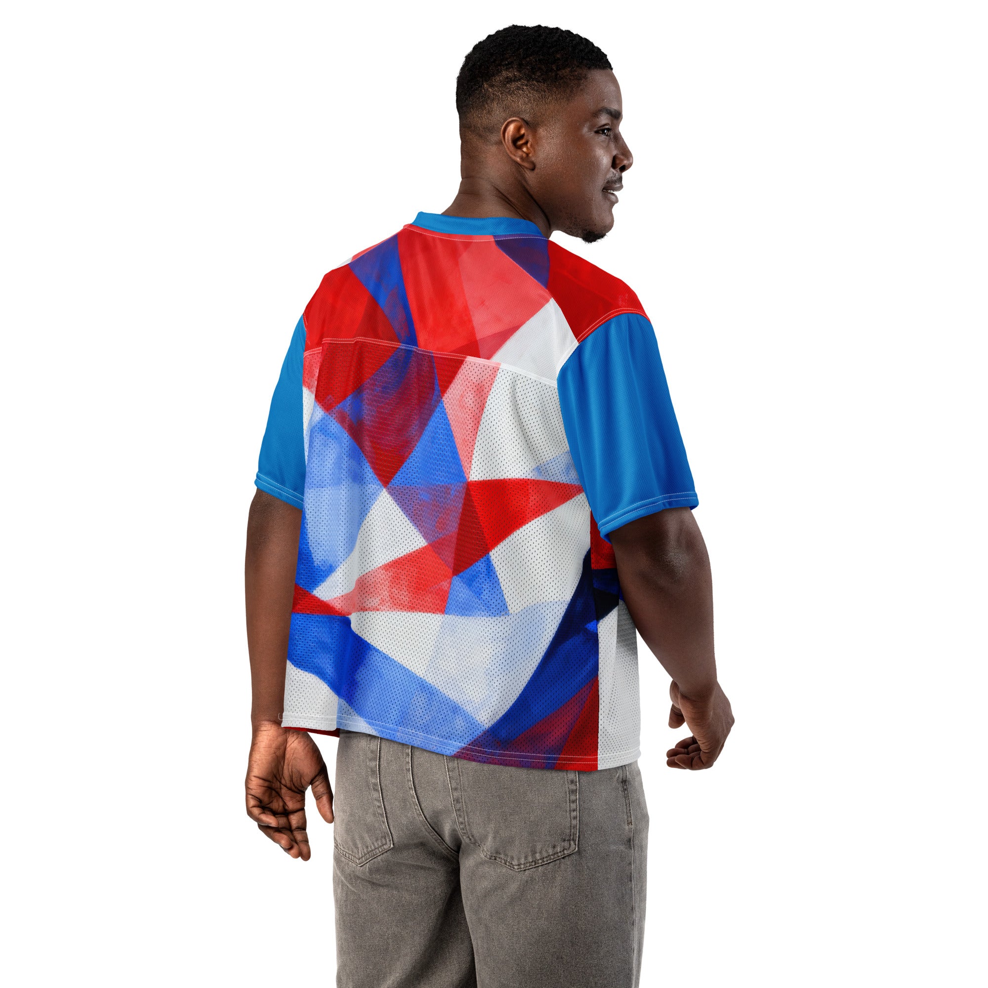 Back-view boxy football jersey in blue with red and white geometric pattern, V-neck