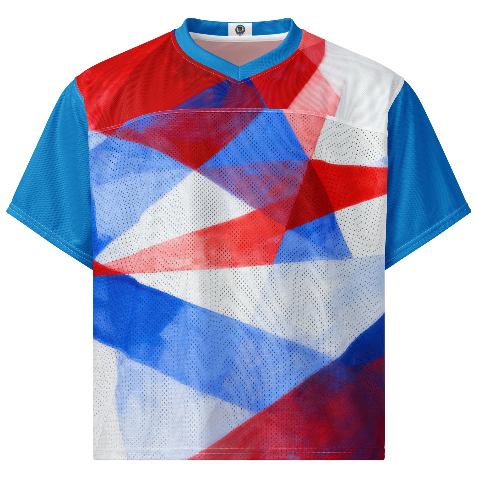 Boxy football jersey front view with red, white, and blue geometric print and V-neck collar