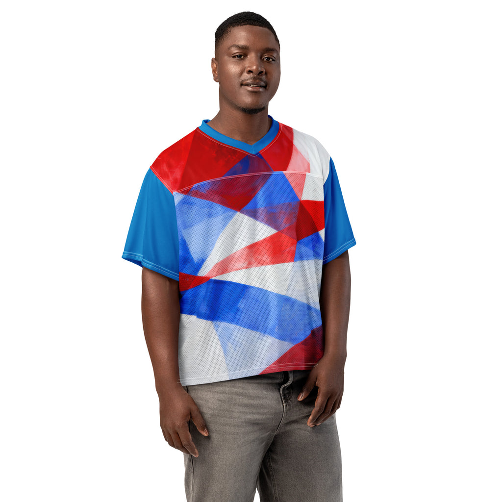 Boxy football jersey with red, white, and blue geometric pattern and V-neck
