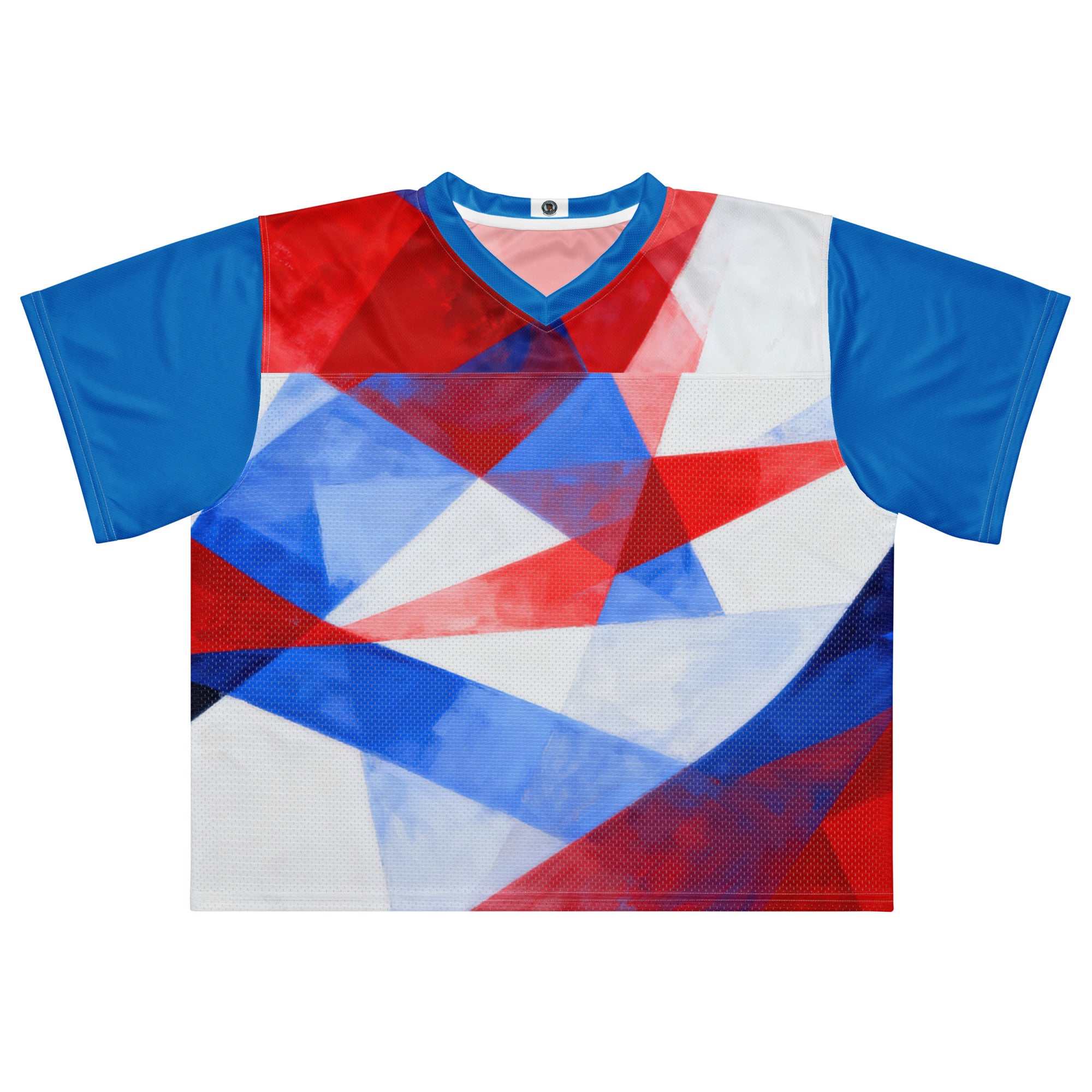 Boxy football jersey flat lay with red, white, and blue geometric print; V-neck; blue sleeves
