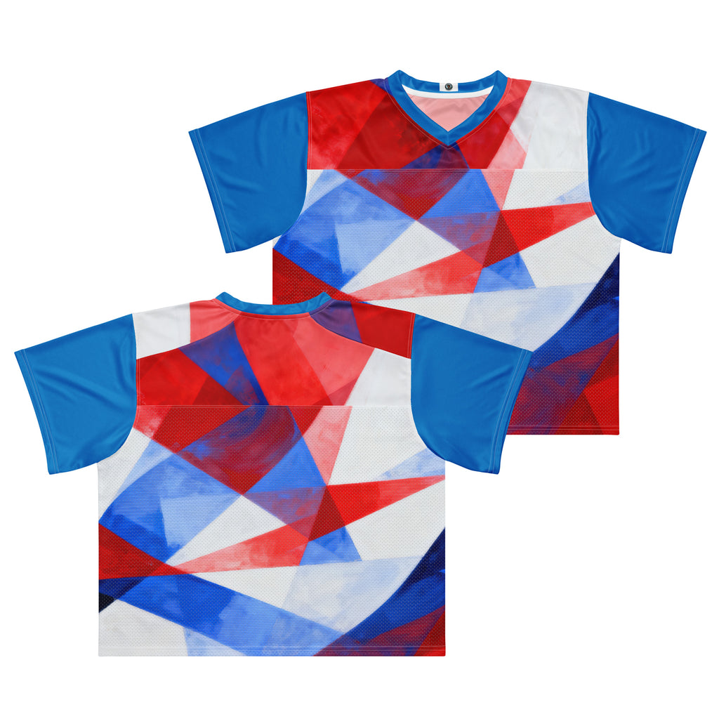Two matching boxy football jerseys, red white blue geometric print, V-neck