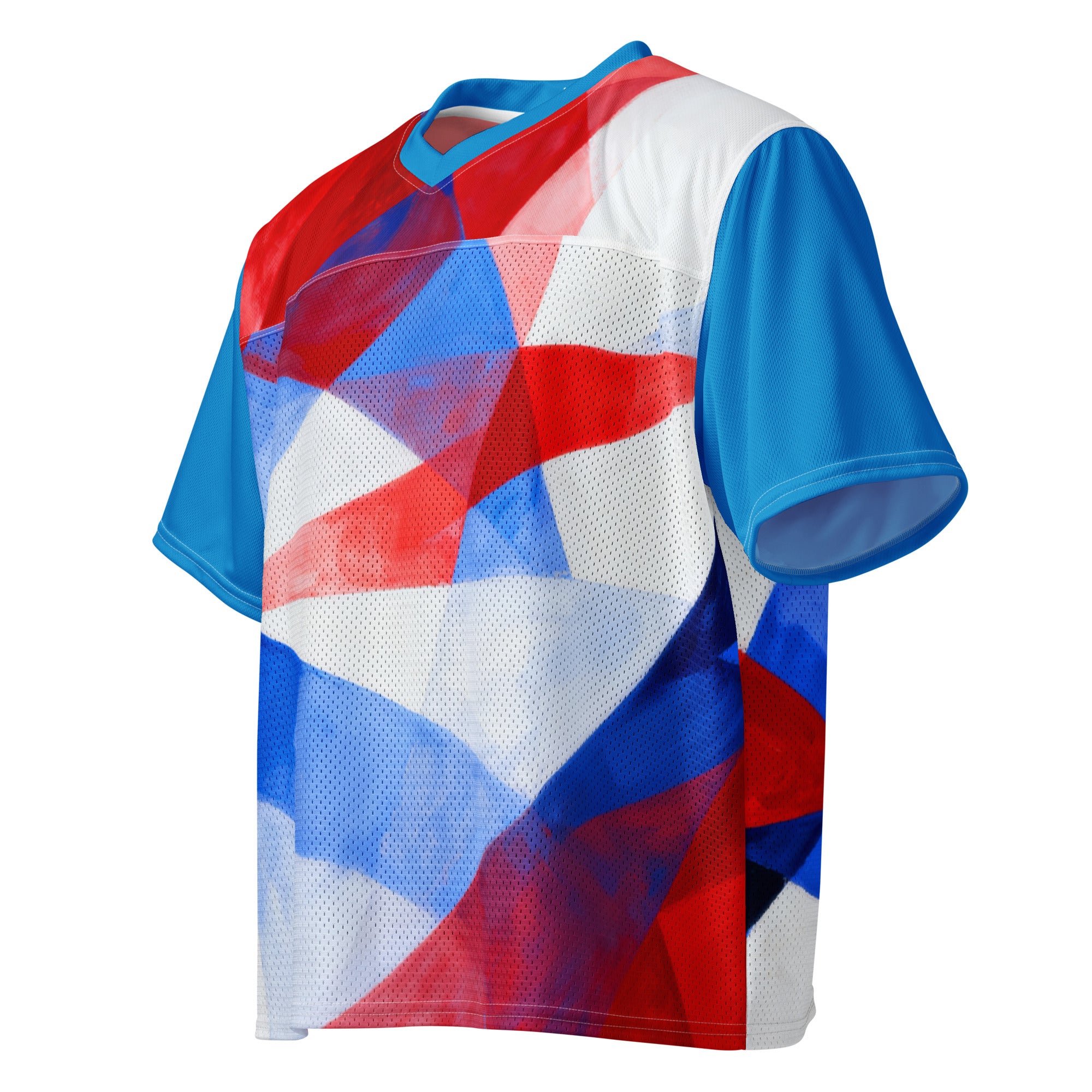 Boxy football jersey side/back view with red, white, and blue geometric print; blue sleeve