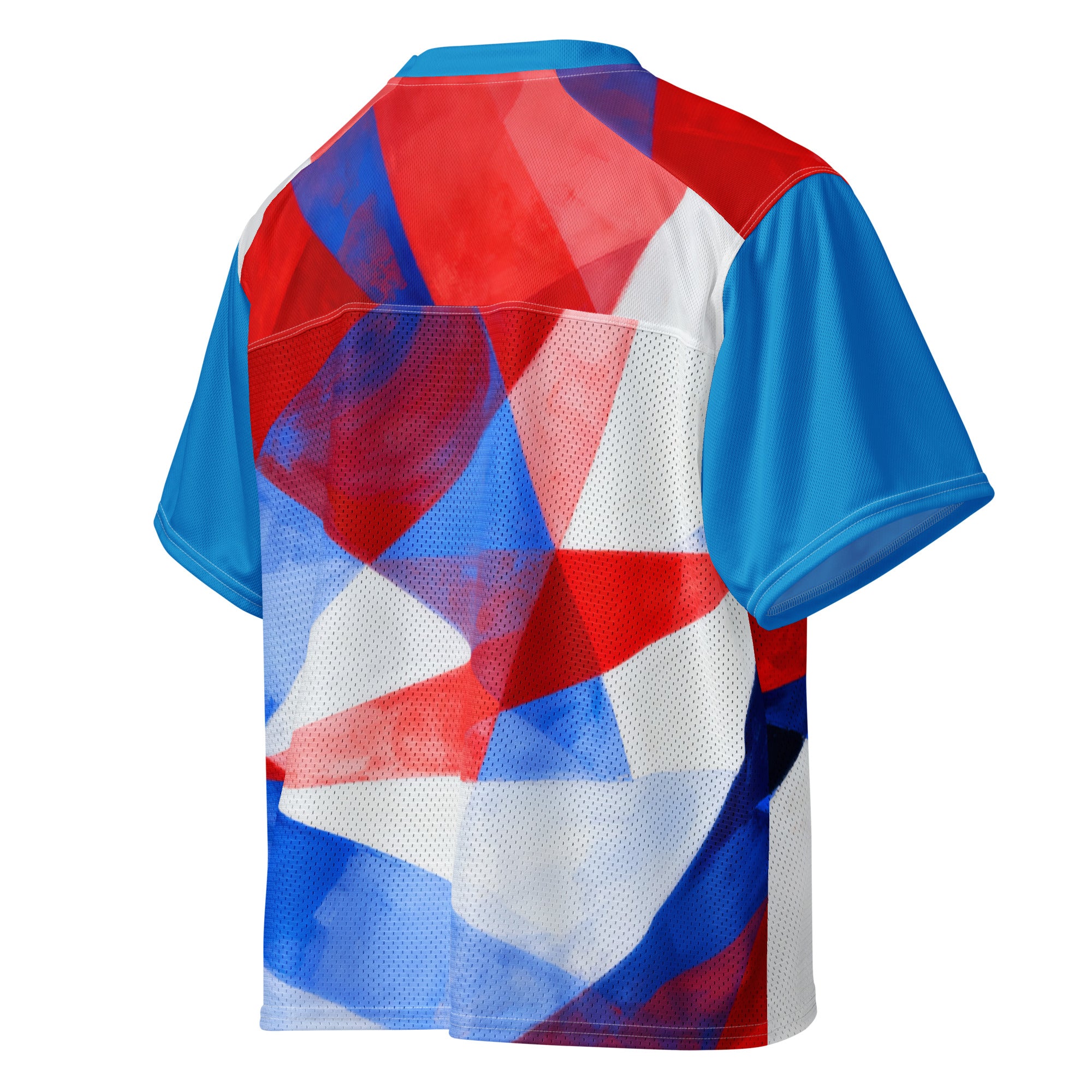 Boxy football jersey back view with red, white, and blue geometric print; blue sleeve trim