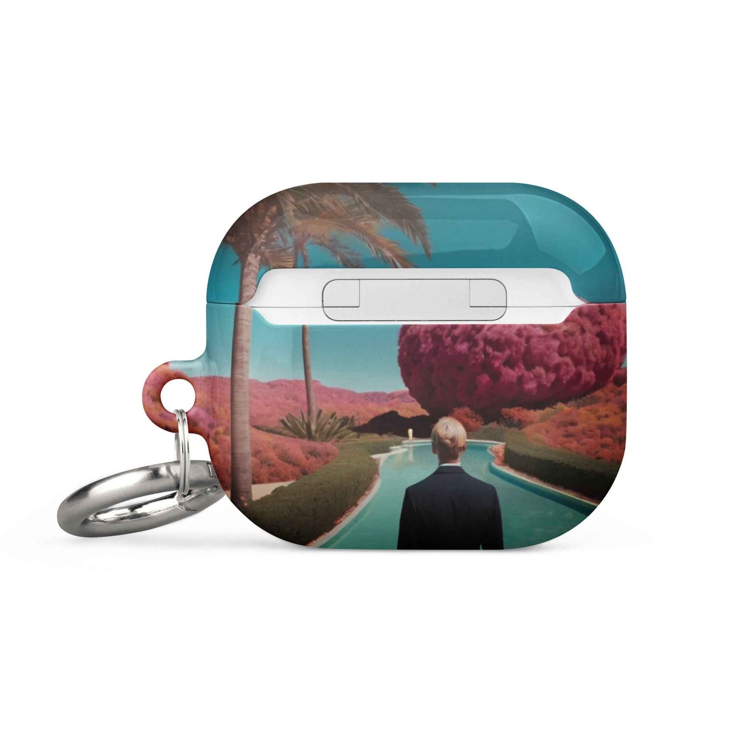 AirPods 1/2 case with desert landscape artwork print, turquoise edges and silver keyring