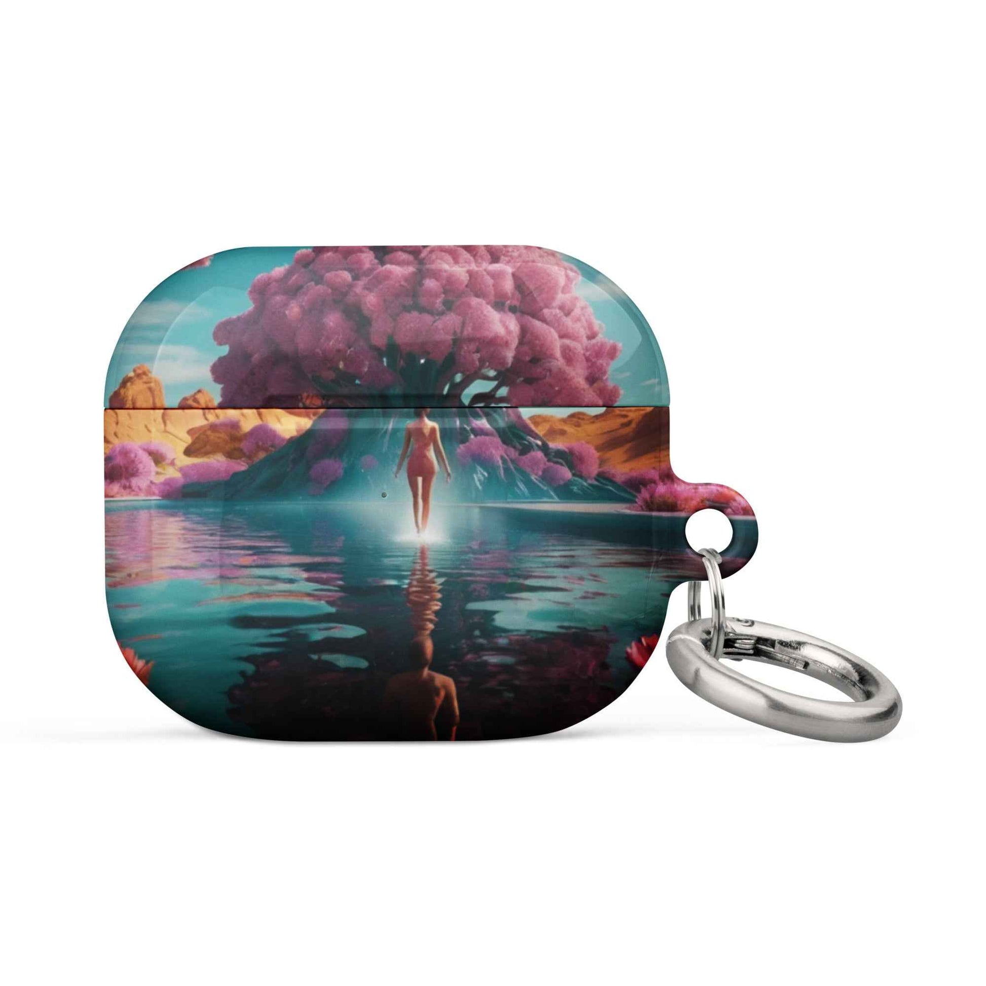 AirPods 1/2 case with landscape artwork print and silver metal keyring, turquoise backing
