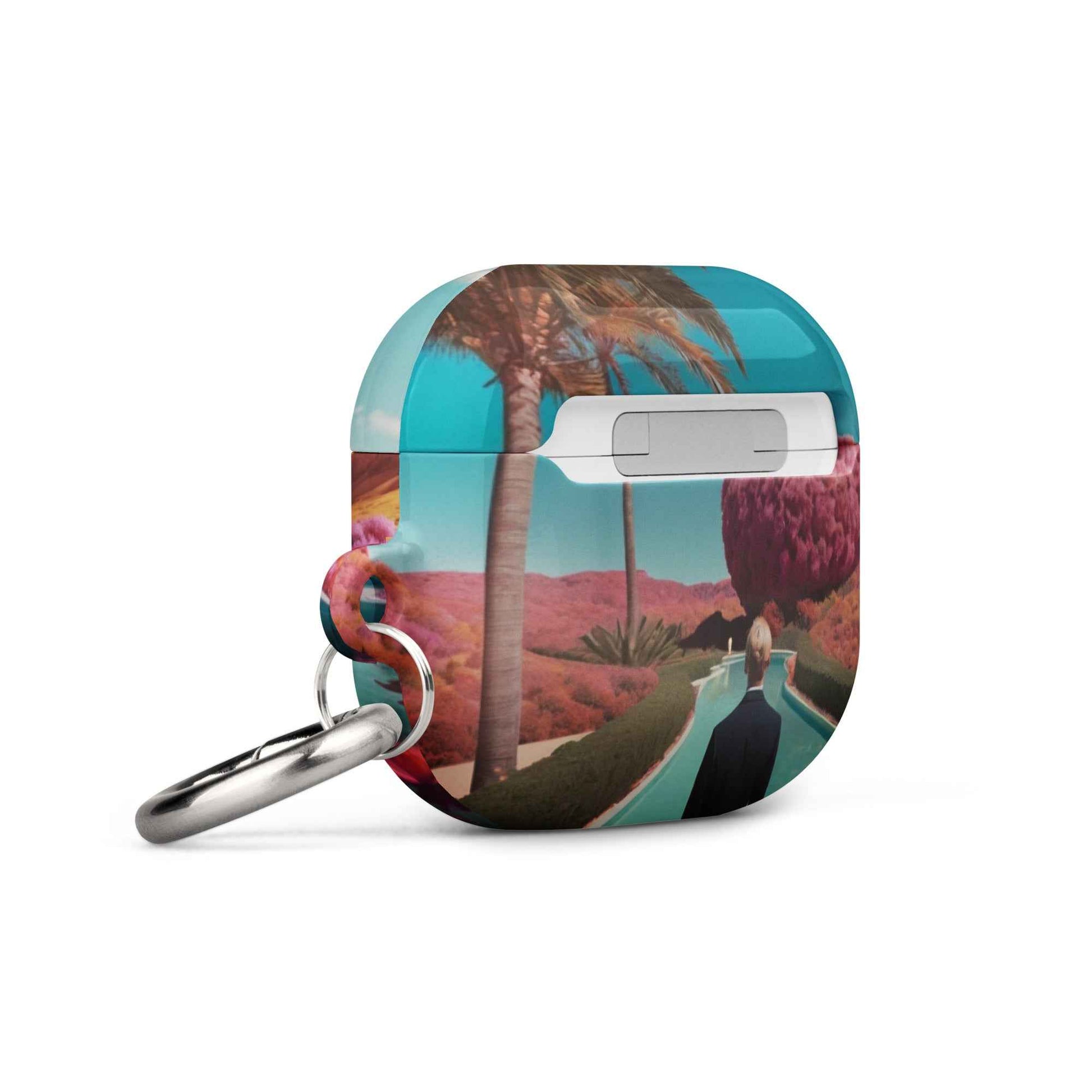 AirPods 1/2 case with desert landscape print, front view with silver keyring attached