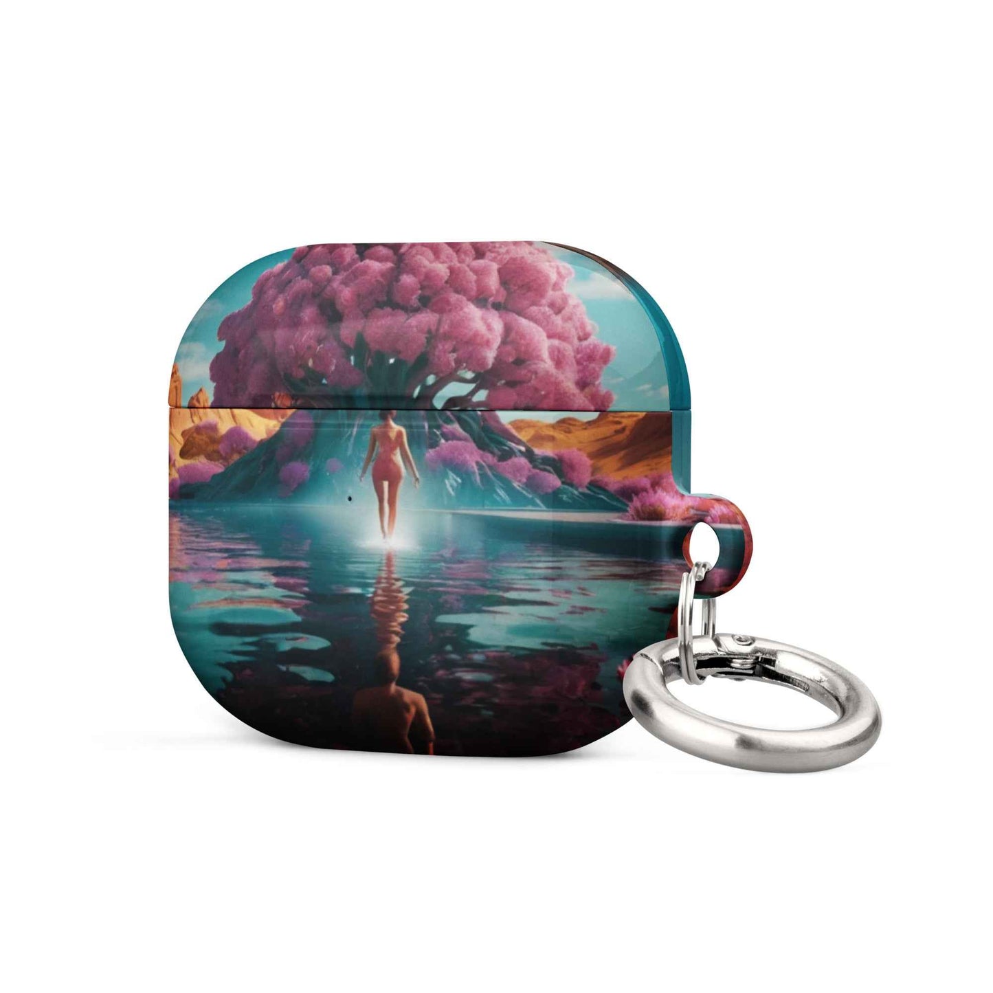 AirPods 1/2 case with water-and-flowers artwork print and silver metal keyring, turquoise