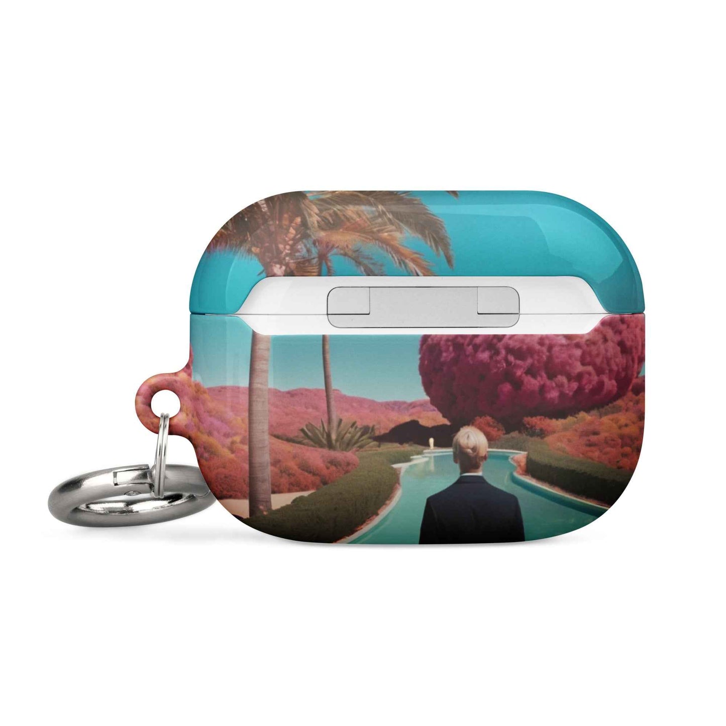 AirPods 1/2 case with desert landscape artwork print and silver keyring, side angle