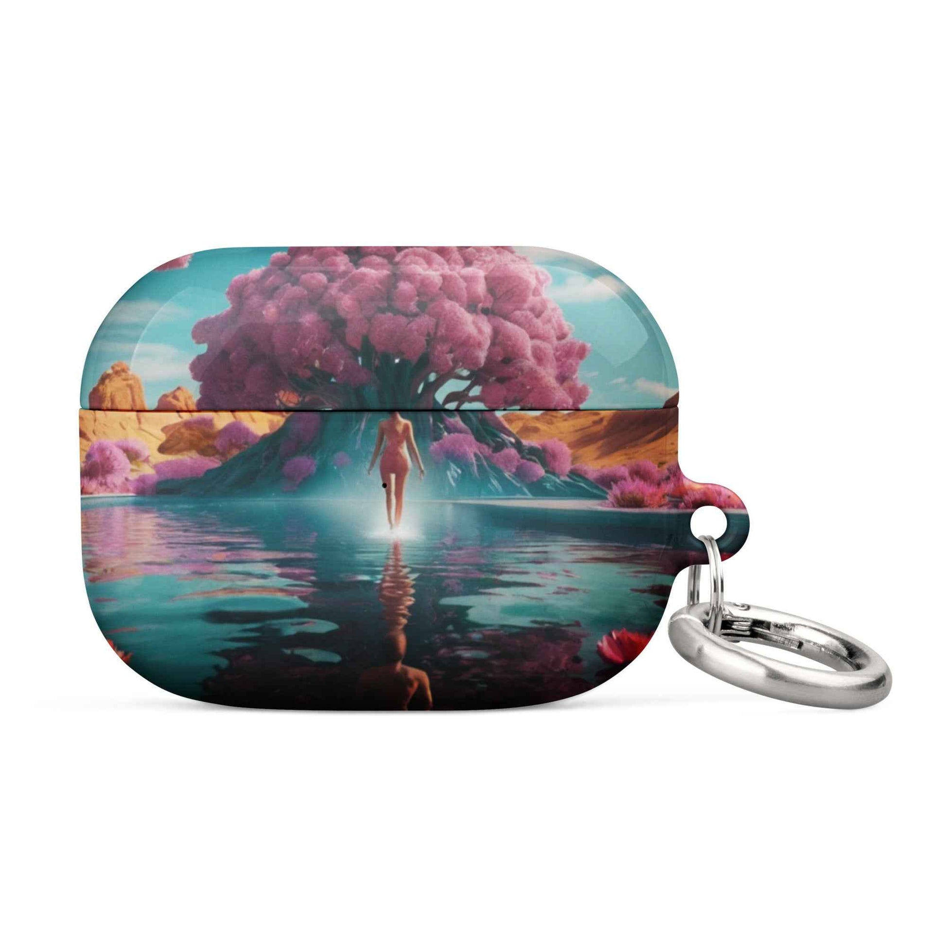 AirPods case with teal river and pink canopy print, keyring attached