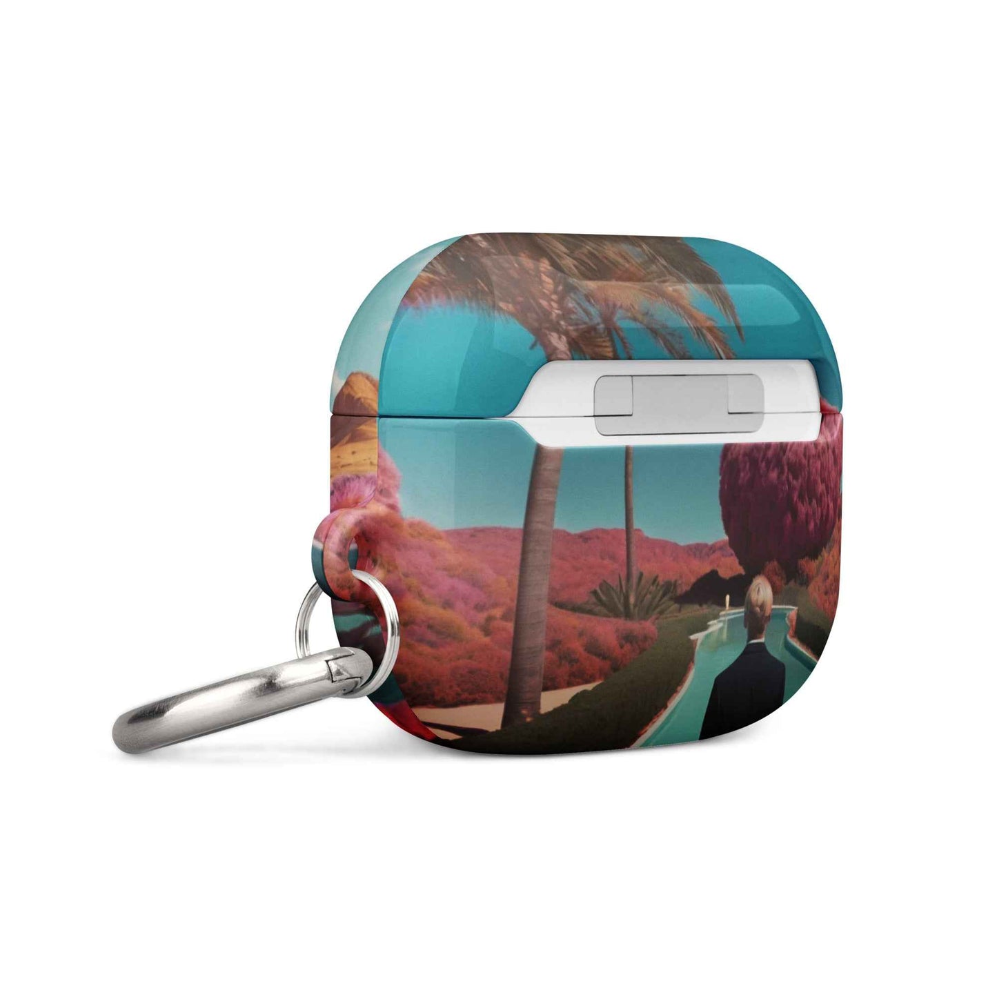 AirPods 1/2 case with desert landscape print and silver keyring, open charging cutout