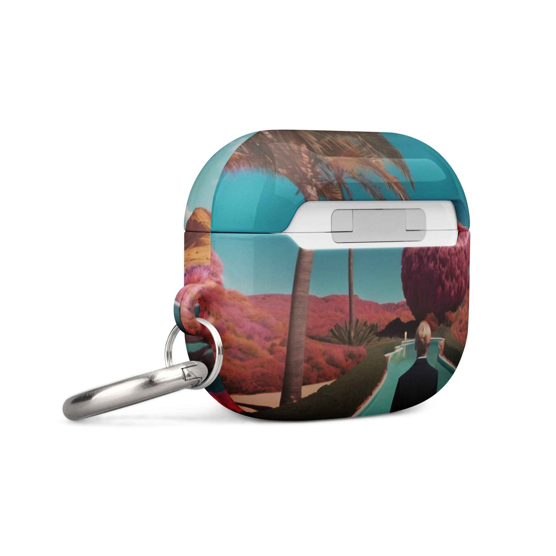AirPods 1/2 case with desert landscape print and silver keyring, open charging cutout