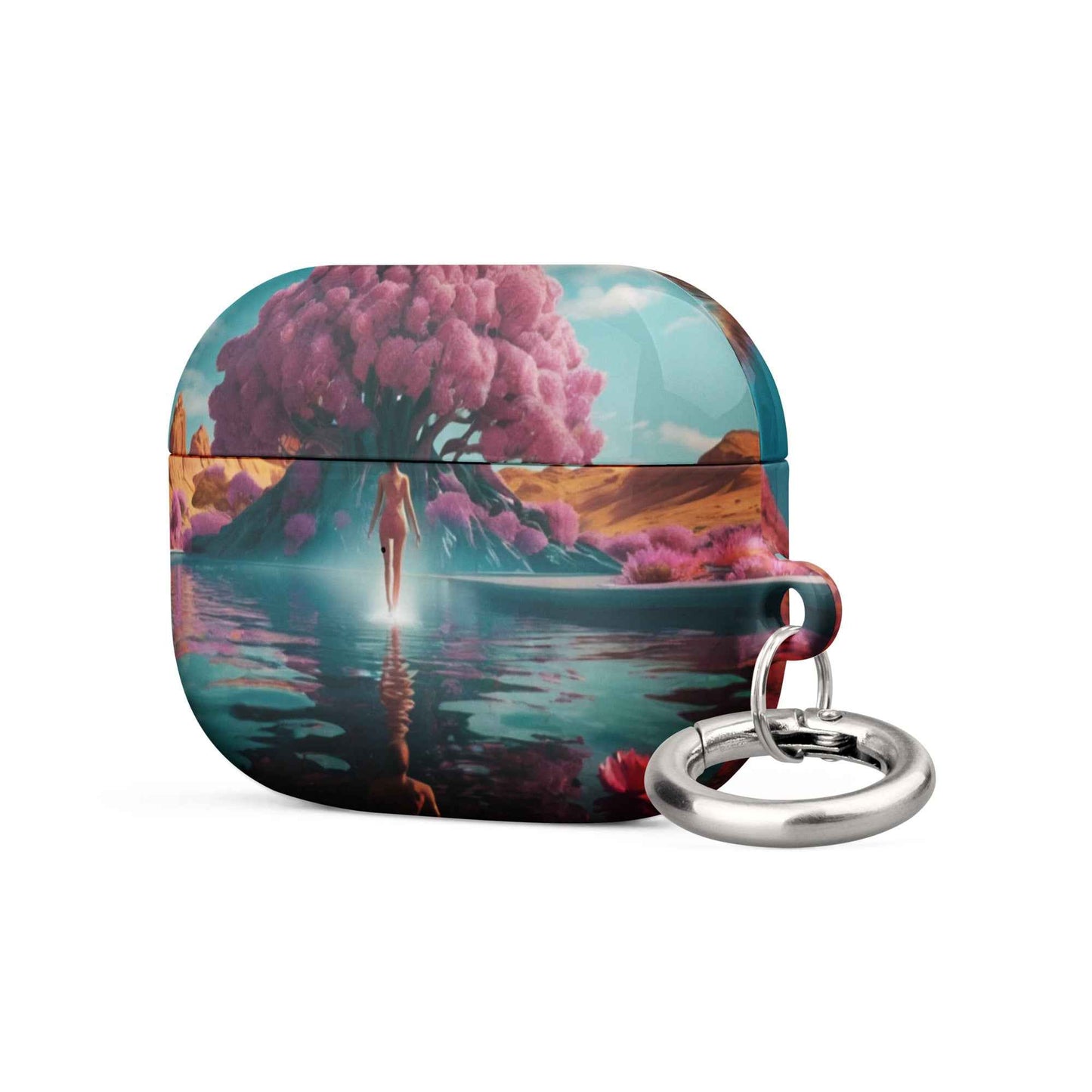 AirPods 1/2 case with desert landscape artwork and silver keyring, side view