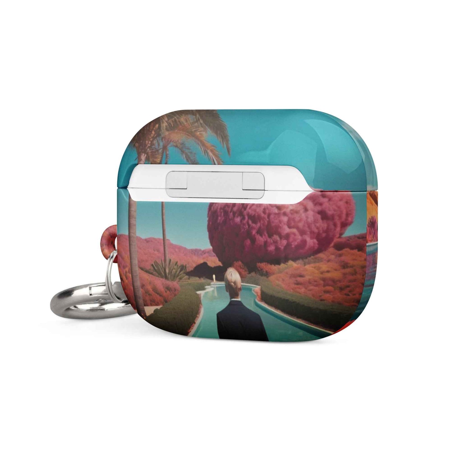 AirPods 1/2 case with water-and-flowers print and silver keyring, front-left angle