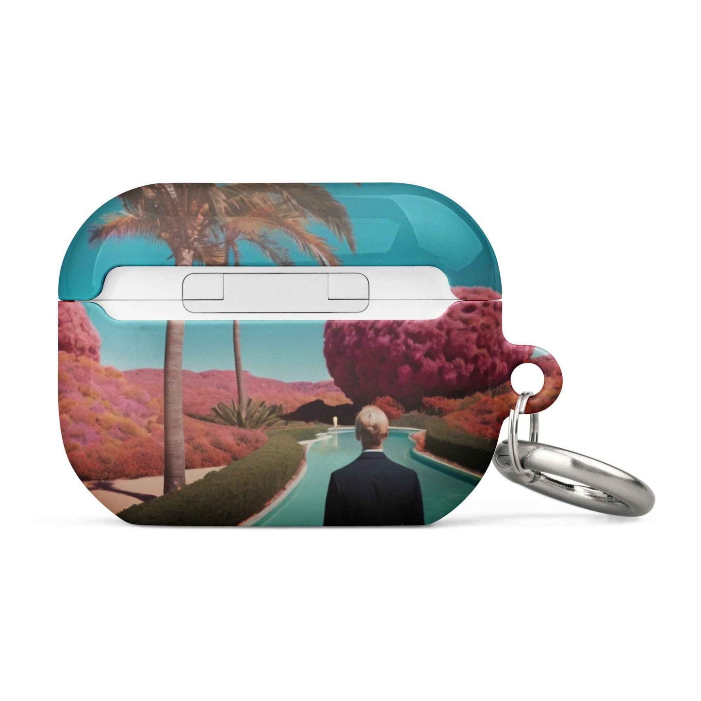 AirPods 1/2 case with tropical landscape art, front latch and metal keyring
