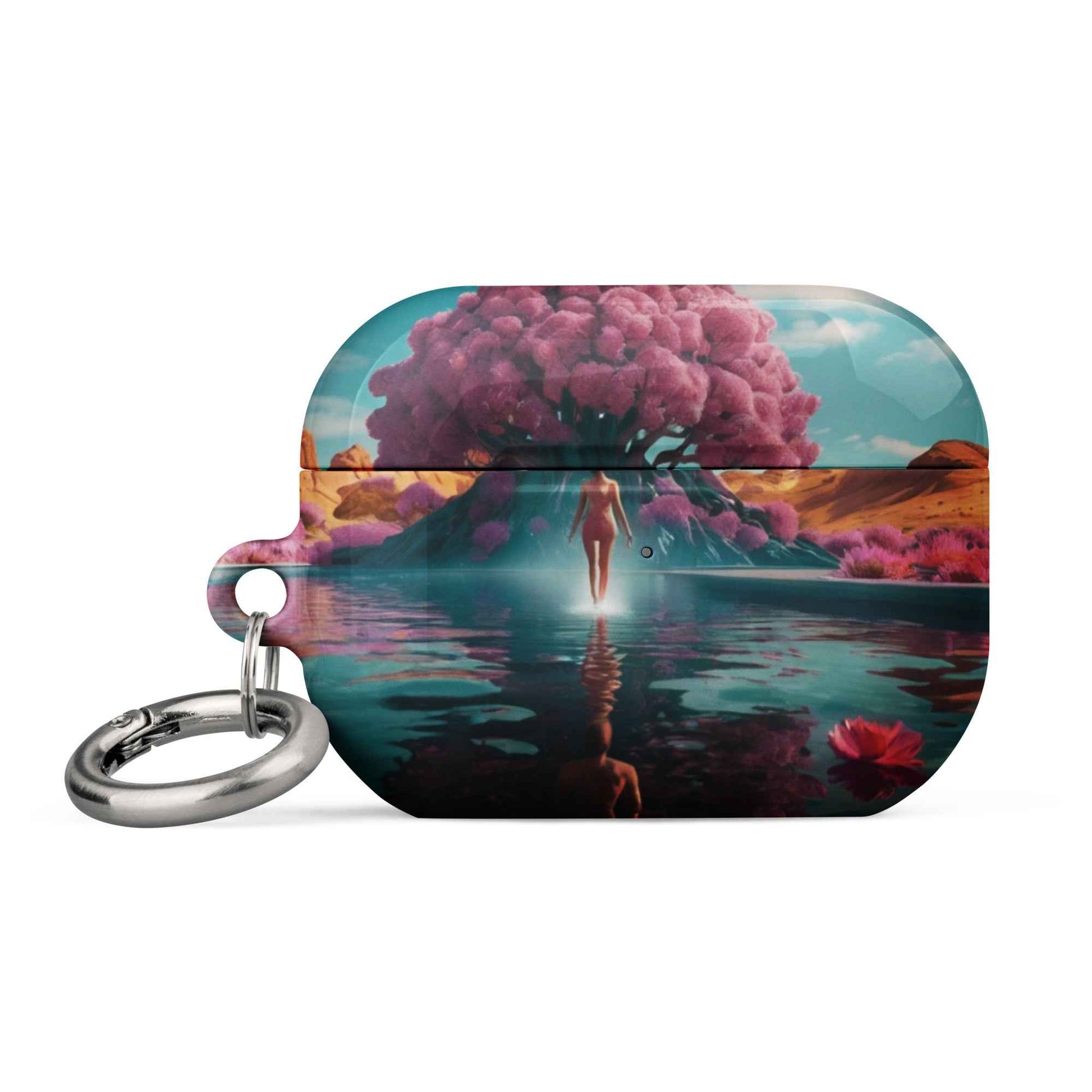 AirPods case with teal water and pink canopy print, silver keyring, close side view