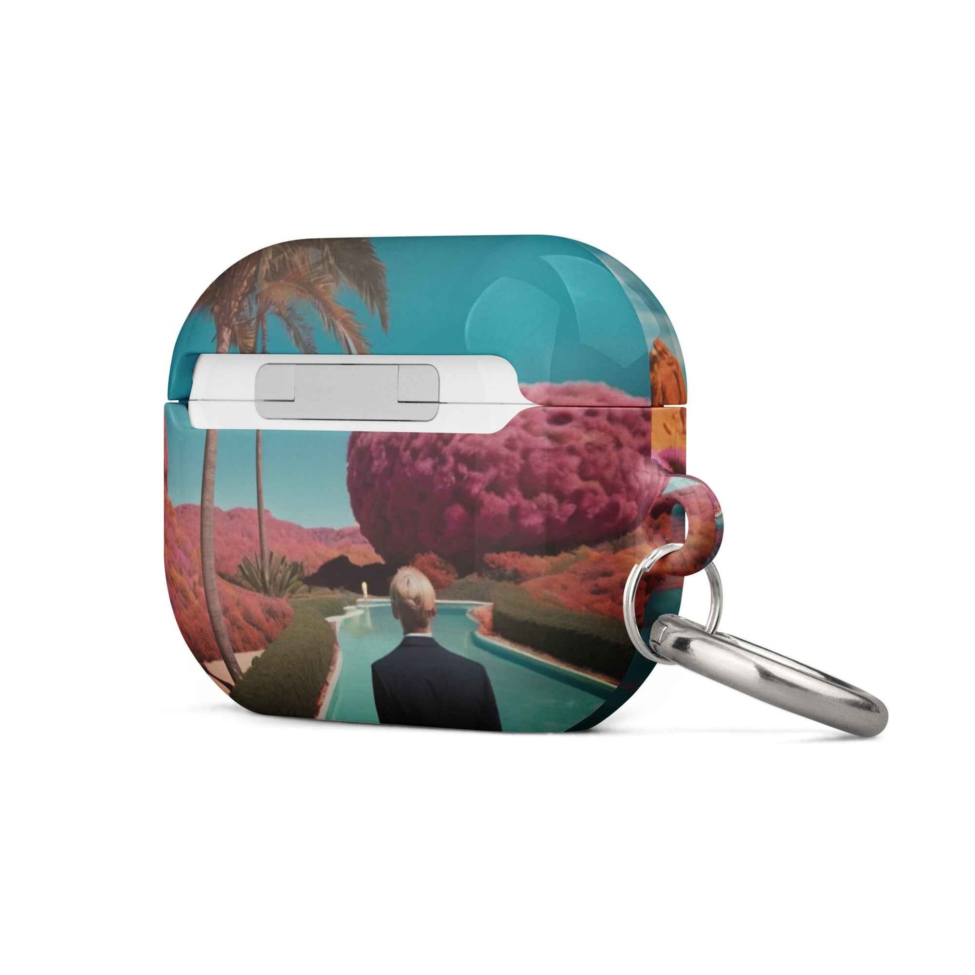 AirPods 1/2 case with tropical sunset art, front latch and metal keyring