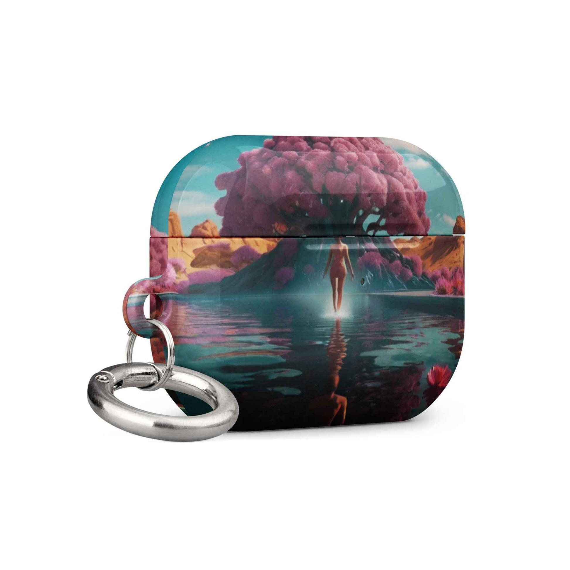 AirPods 1/2 case with purple landscape art, front latch and metal keyring