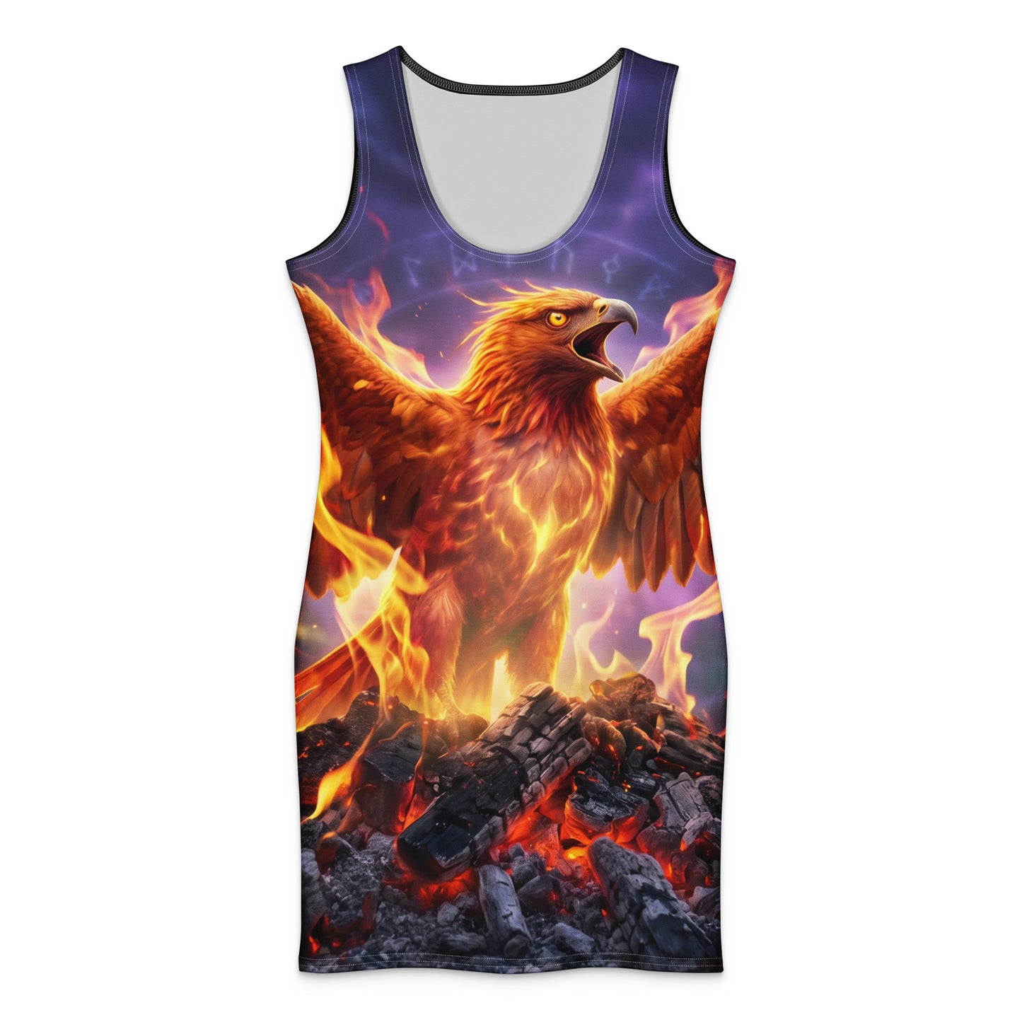 Cotton body dress sleeveless with eagle and flames graphic on purple-blue front