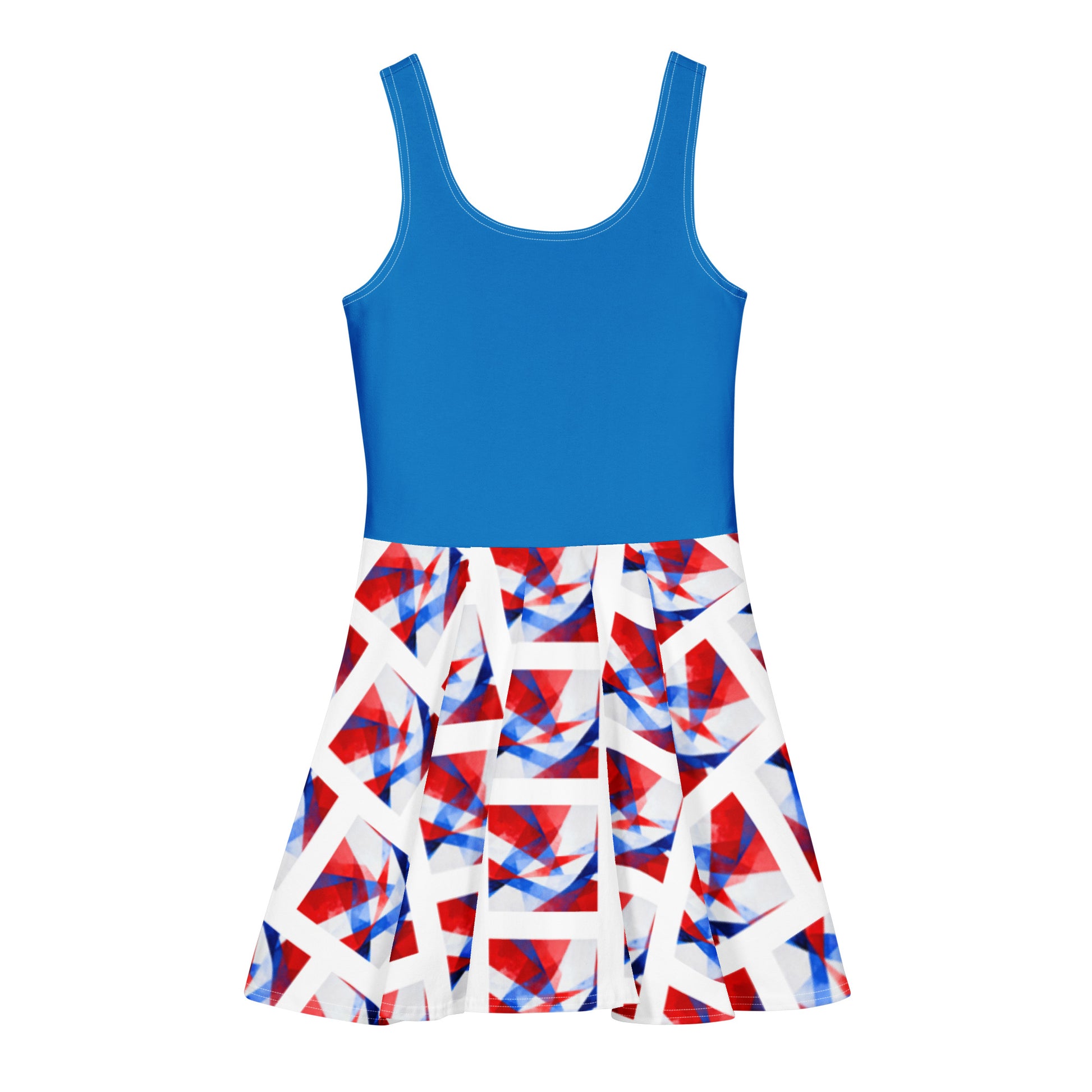 Cotton skater dress in blue with sleeveless top and flared patriotic print skirt
