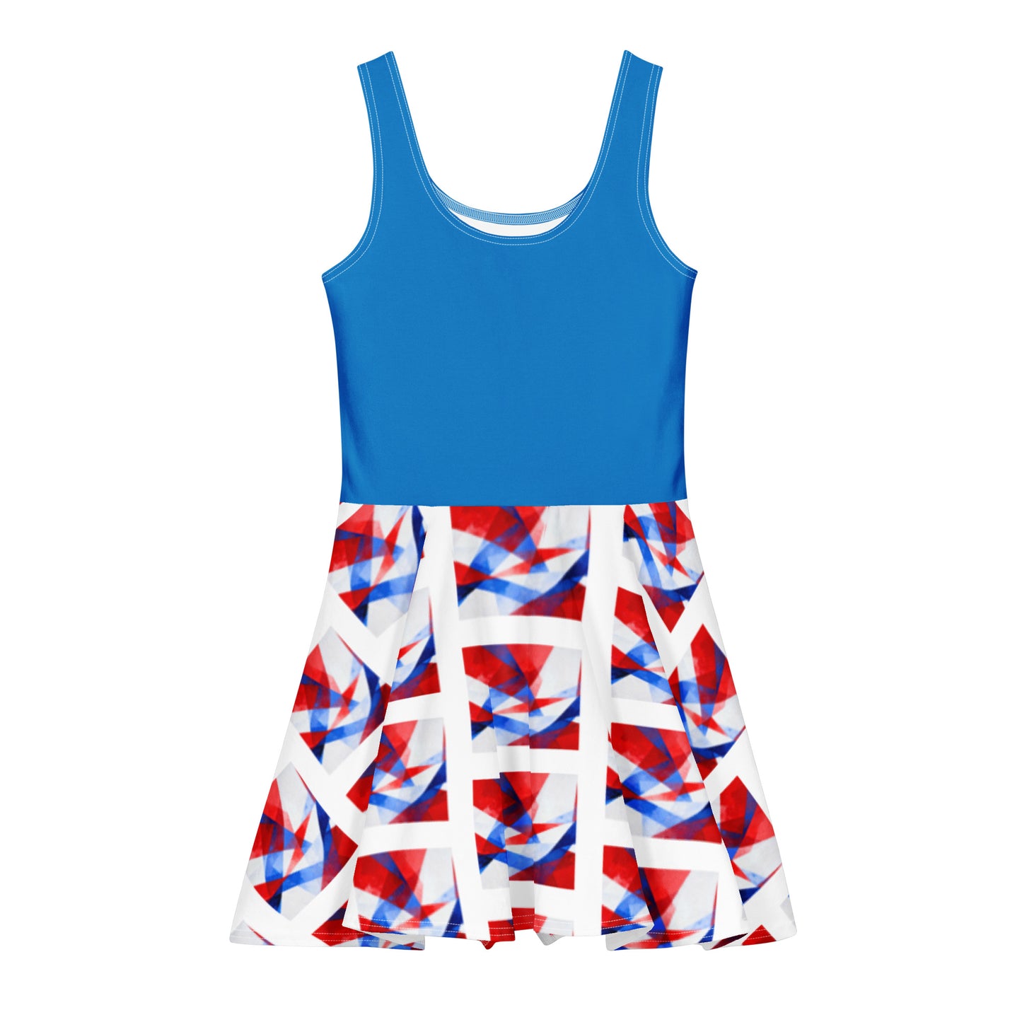 Cotton skater dress with blue sleeveless bodice and patriotic print skirt