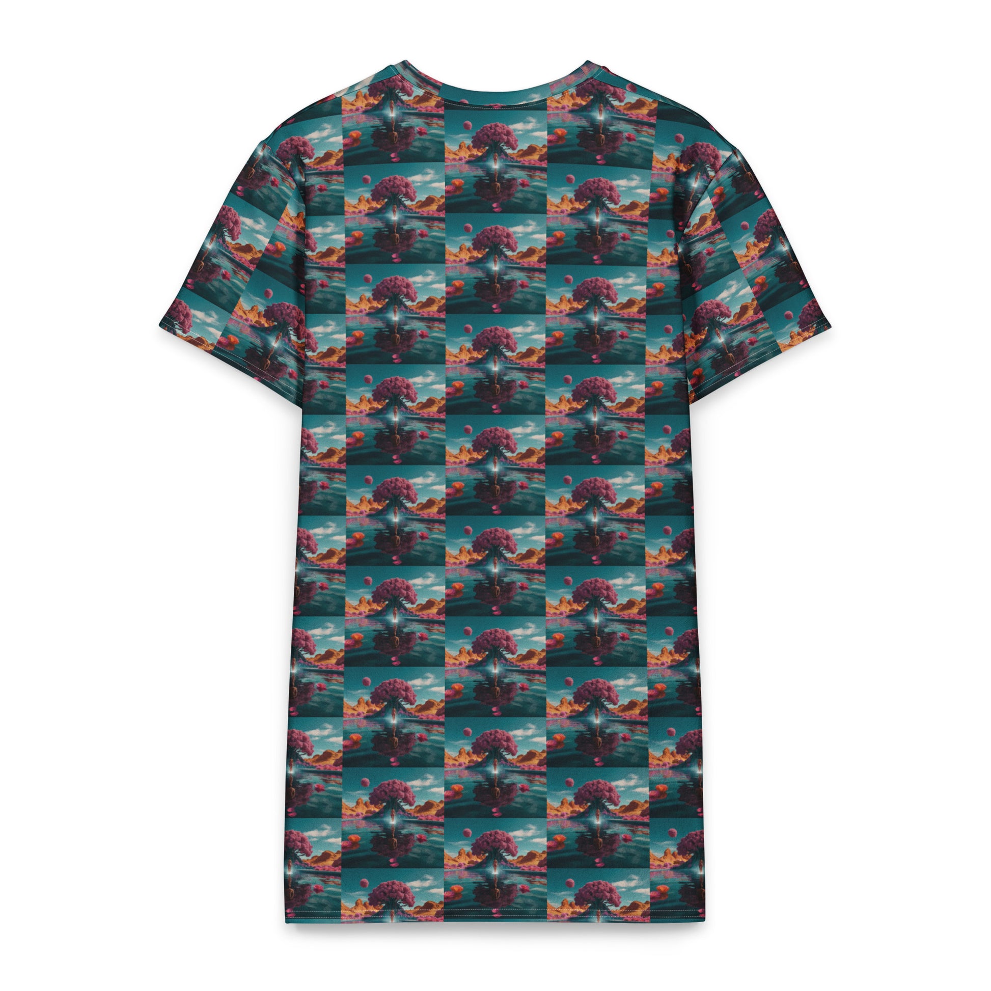 Cotton t-shirt dress with teal grid pattern and red animal silhouettes, crew neck