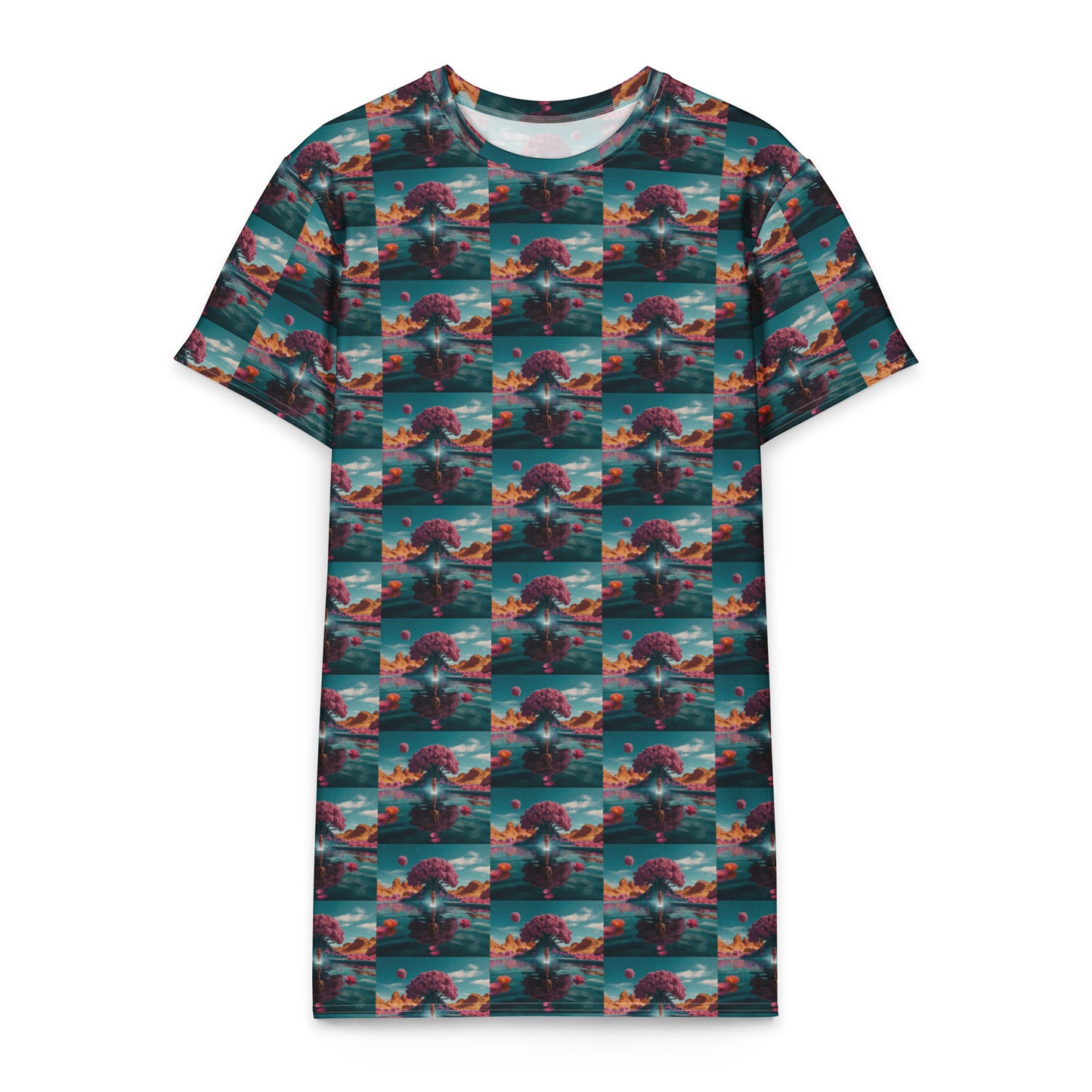 Cotton t-shirt dress with teal check pattern and red animal print, short sleeves