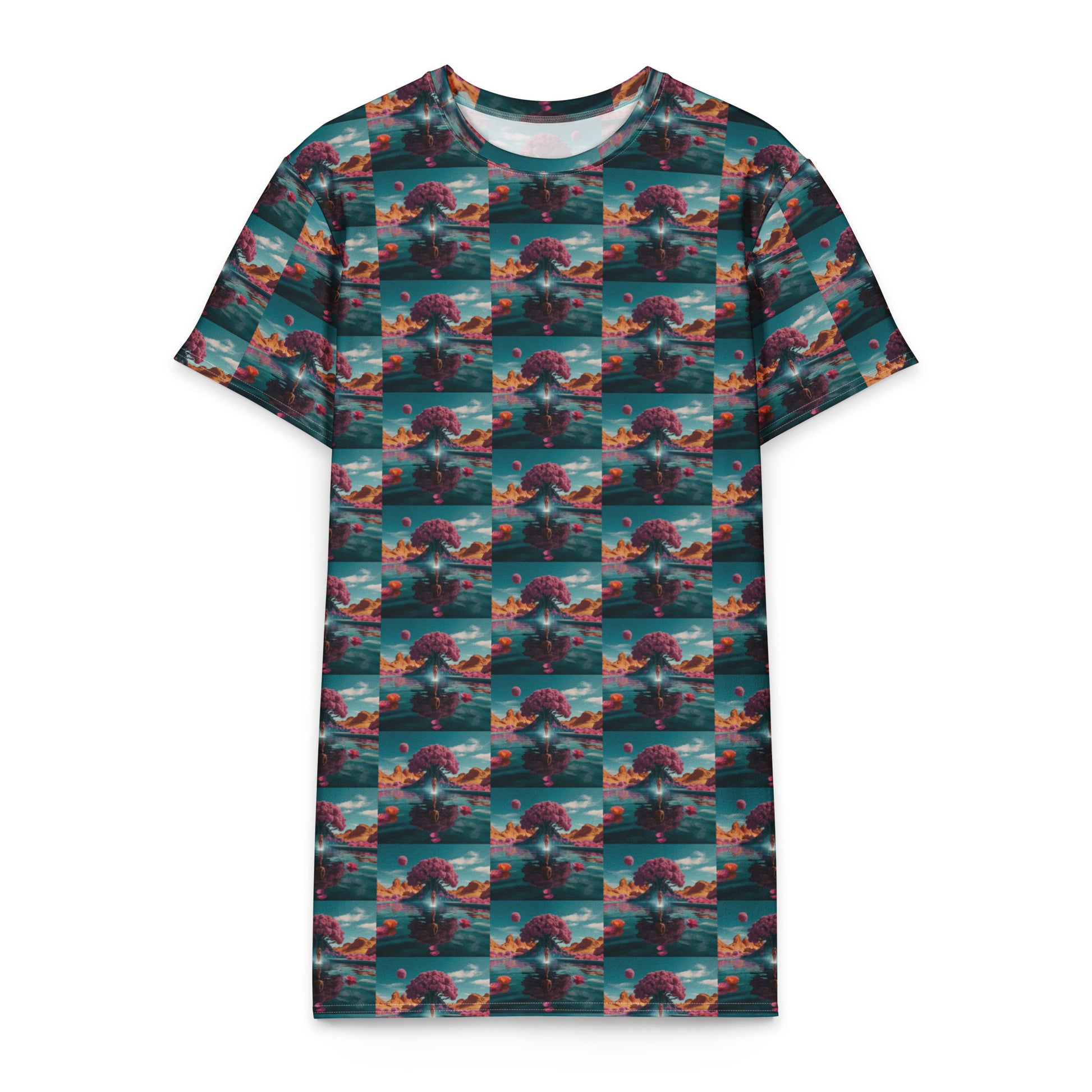 Cotton t-shirt dress with teal check pattern and red animal print, short sleeves