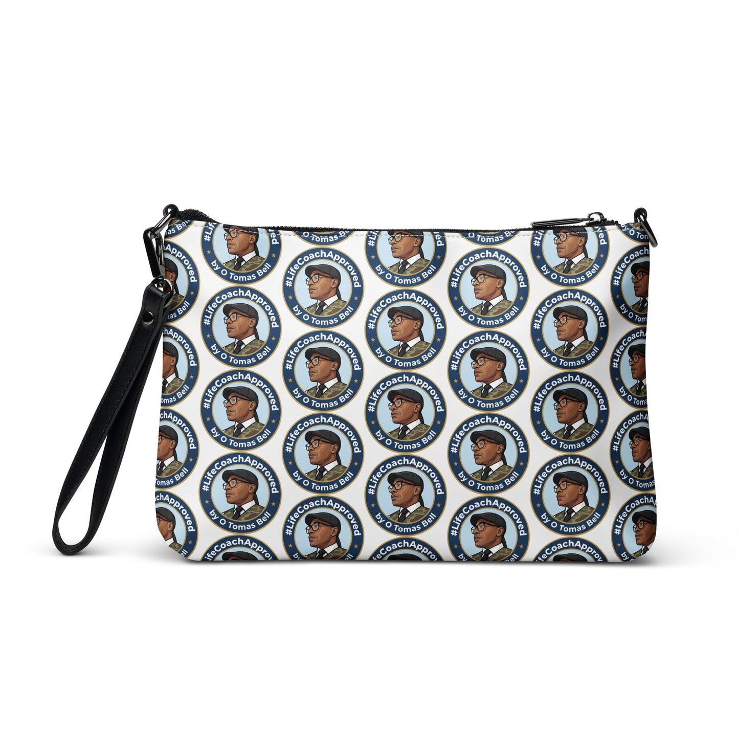 Printed crossbody bag with black strap and top zipper, blue circular pattern all over