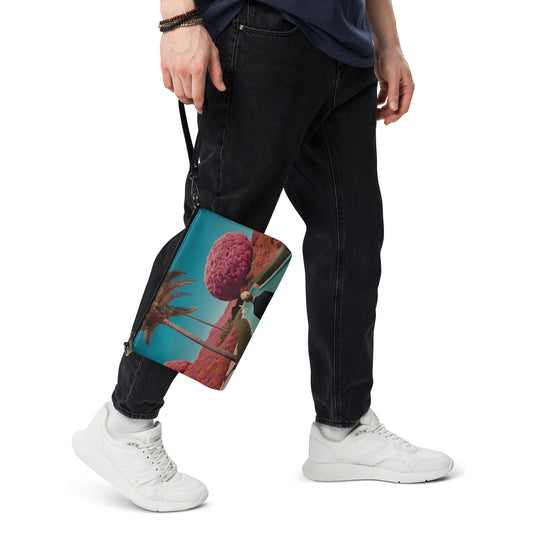 Teal crossbody bag with zipper and scenic print, worn with black jeans and white sneakers