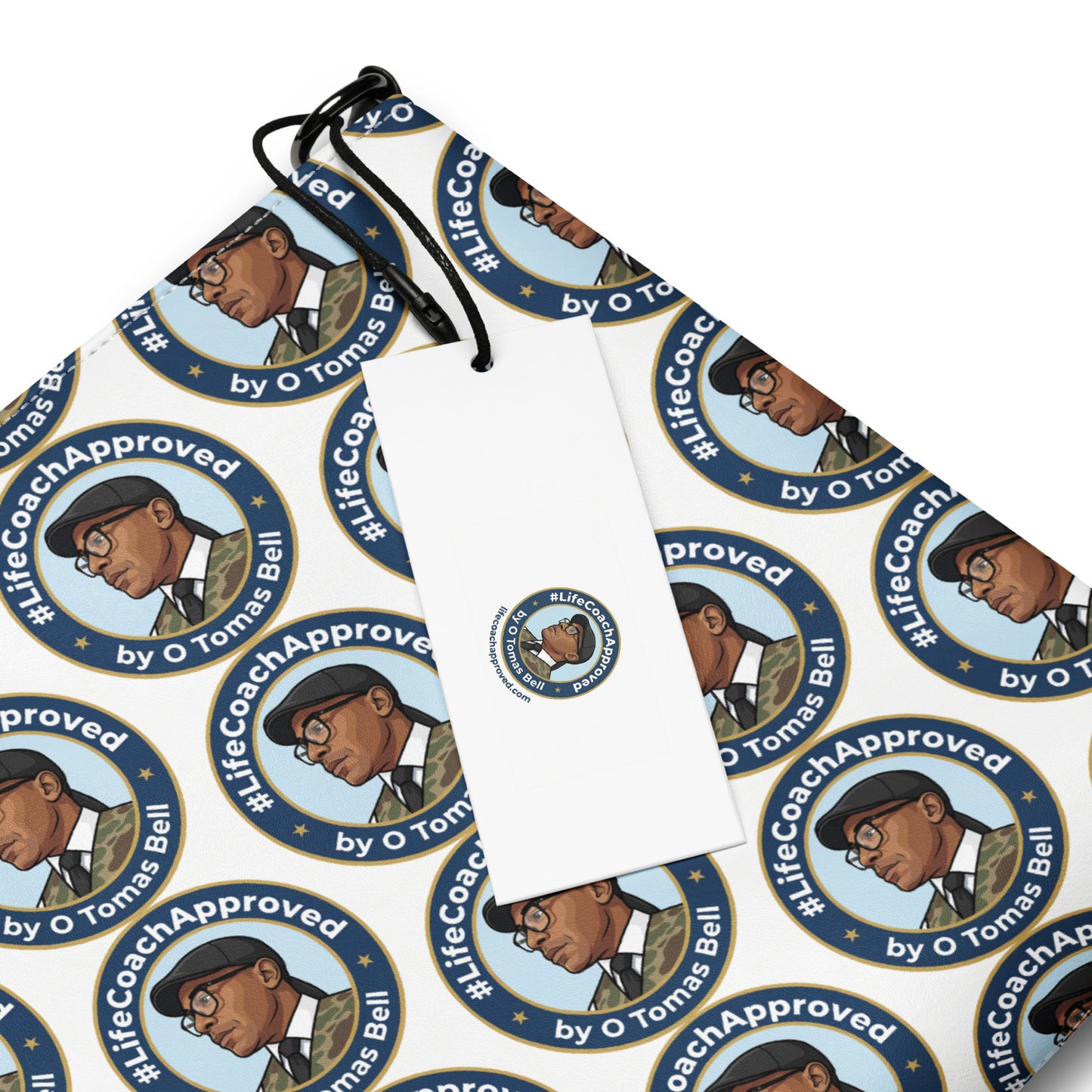 Pattern crossbody bag with black strap and #LifeCoachApproved design, close-up