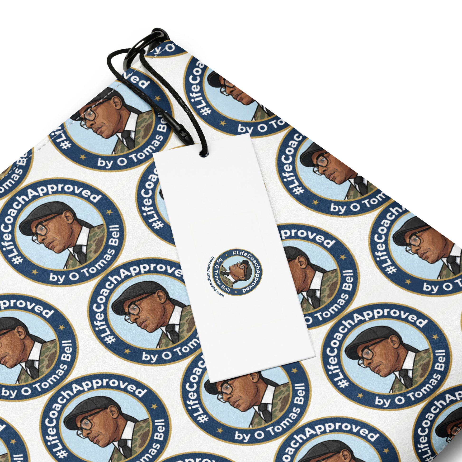 Pattern crossbody bag with black strap and #LifeCoachApproved design, close-up