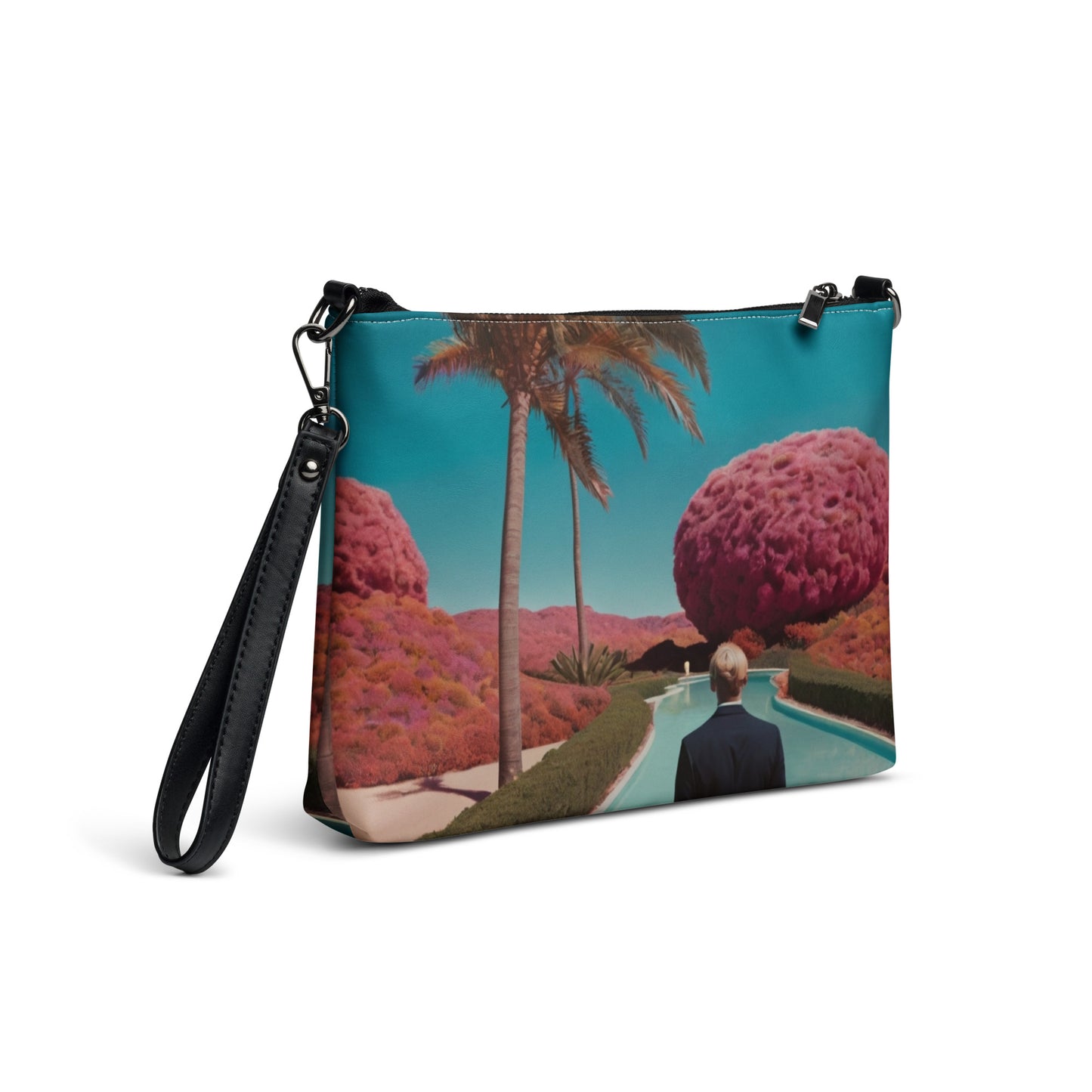 Unisex crossbody bag, teal with scenic landscape print and black adjustable wrist strap.