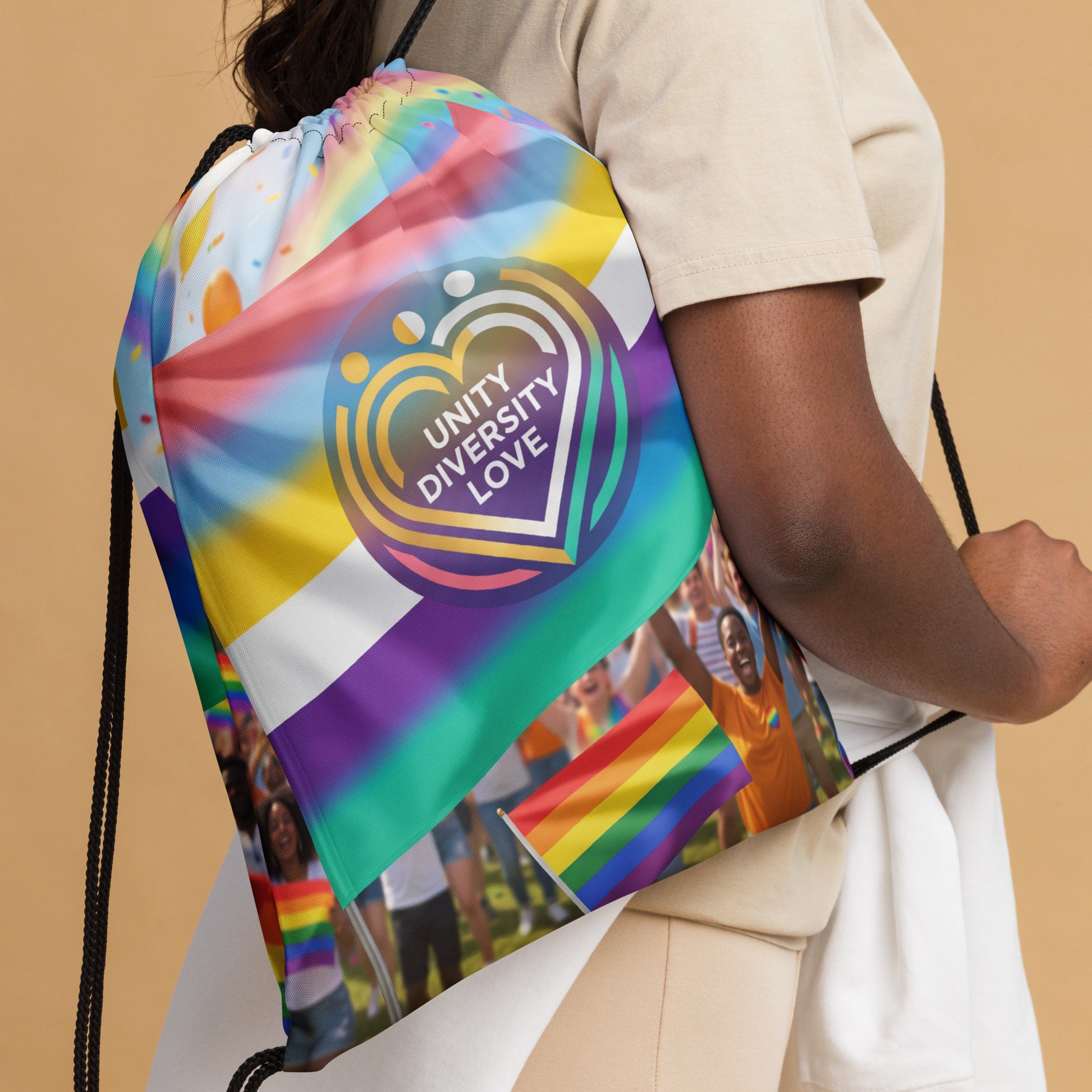 Large drawstring bag close-up with rainbow heart logo and black cords
