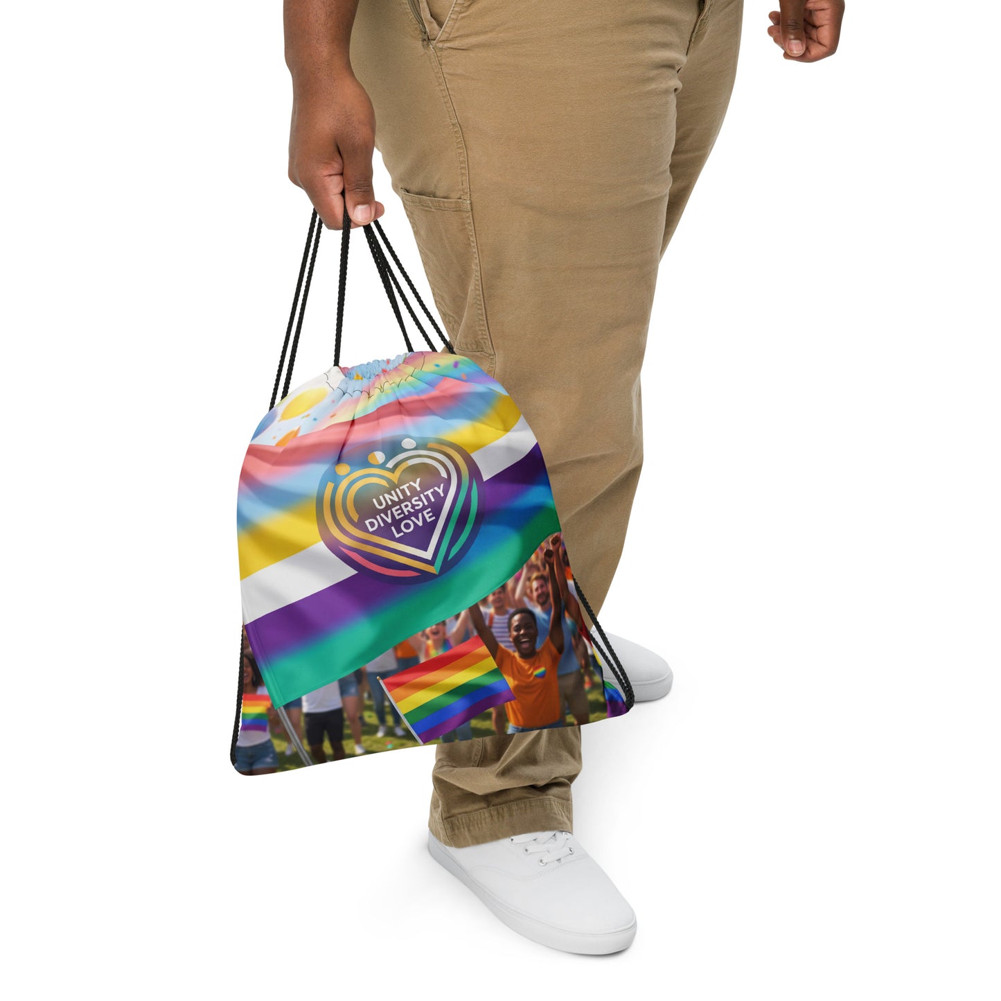Drawstring bag with rainbow stripes and heart emblem, black drawstrings