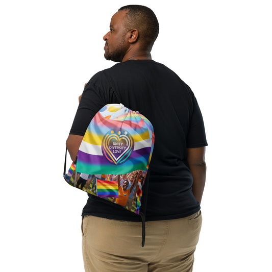 Colorful Unity Diversity Love heart graphic drawstring bag with black cords.