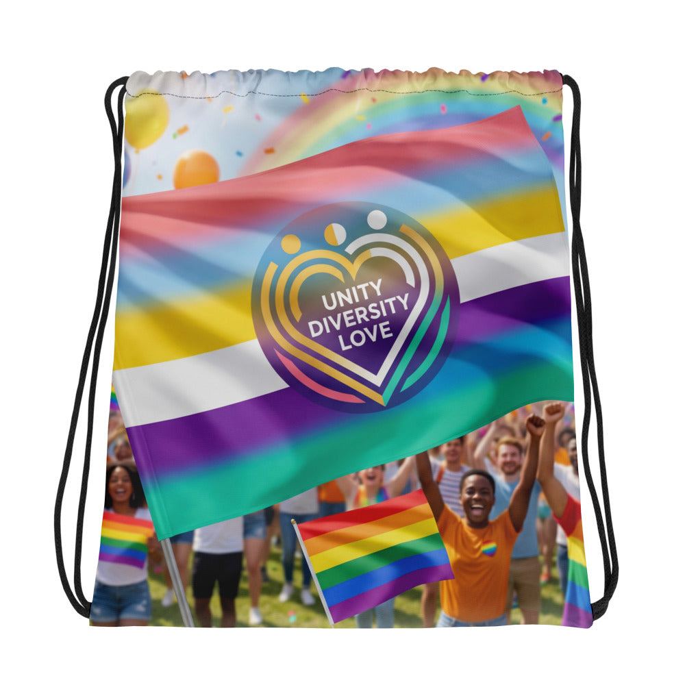 Square drawstring bag with Unity Diversity Love heart and rainbow stripes