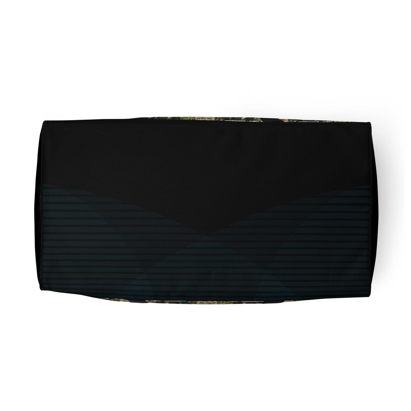 Black duffle bag with dark front panel and green collage bottom edge