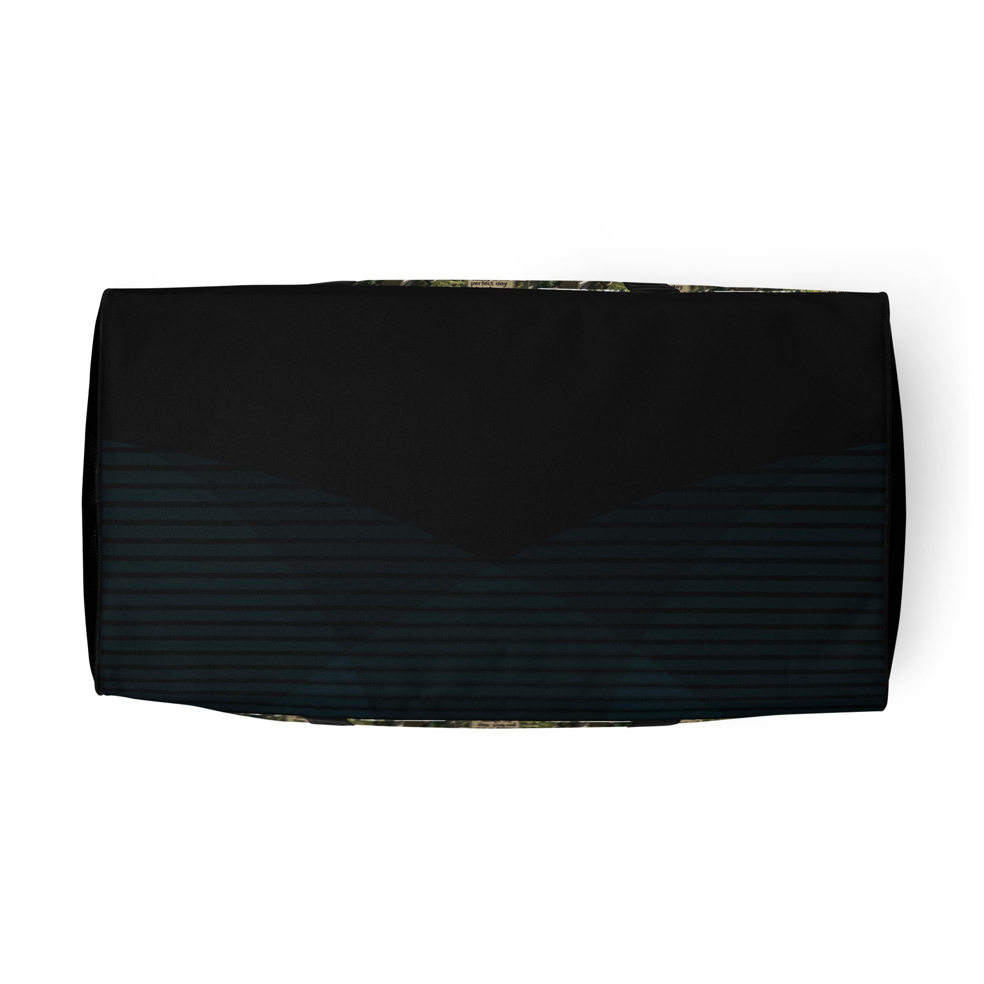 Black duffle bag with dark front panel and green collage bottom edge