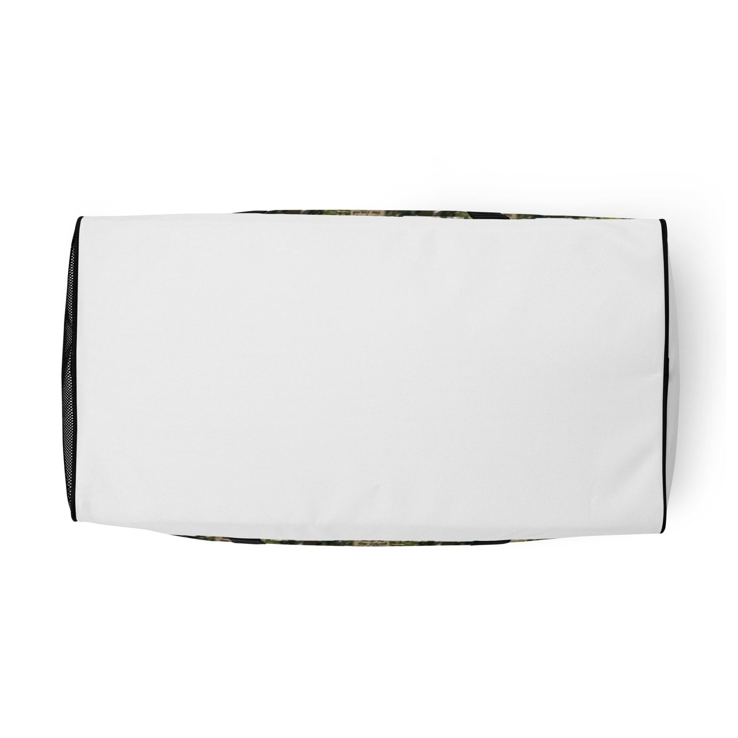 Duffle bag side panel with white body and black piping; green tree-text print along edge.