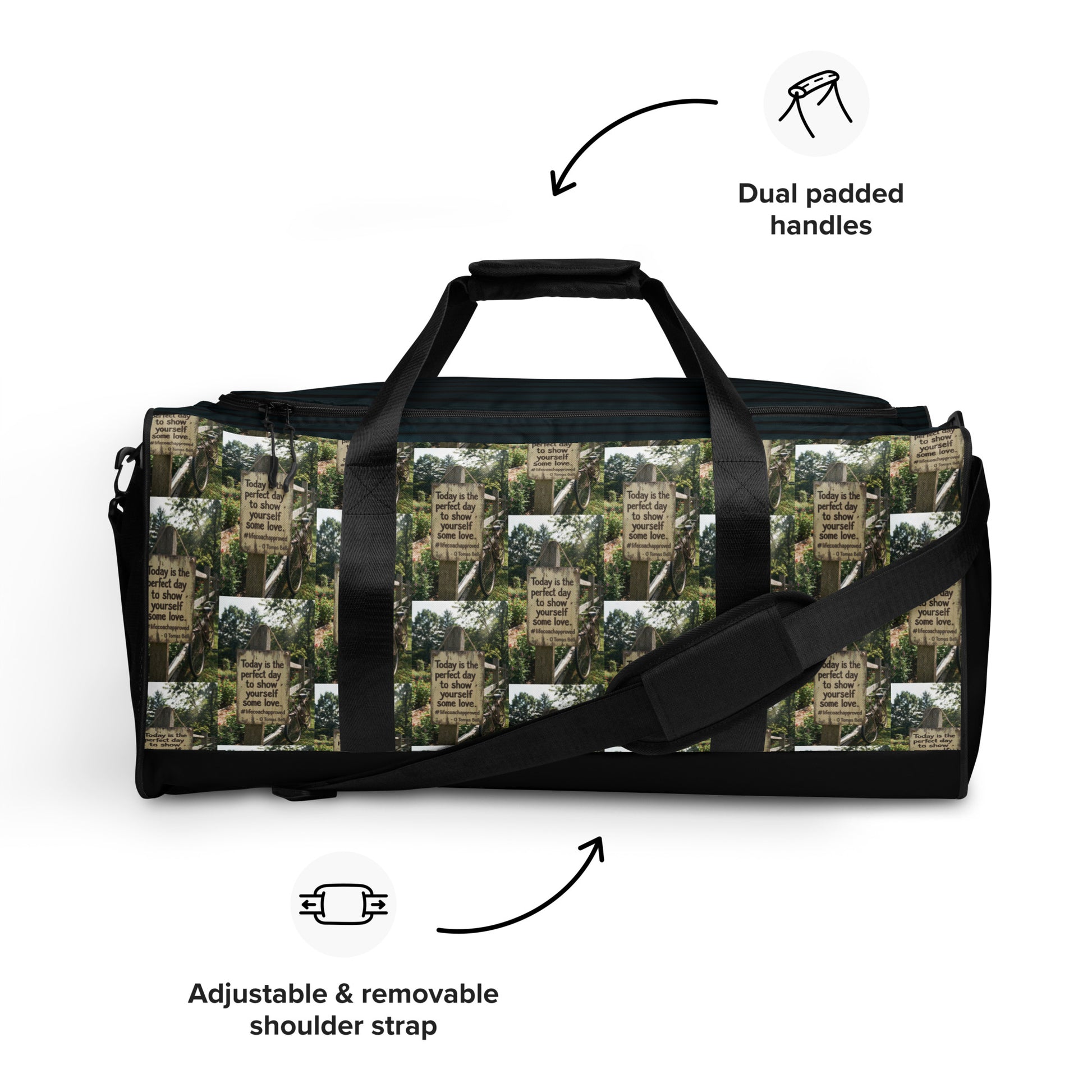Self-love duffle bag with dual padded handles and adjustable shoulder strap