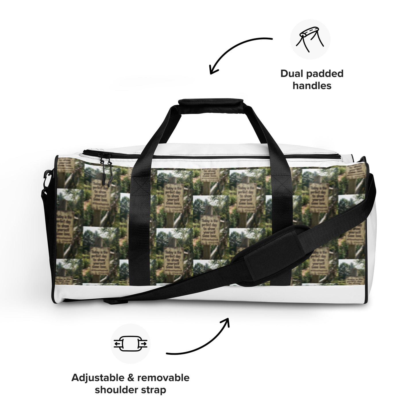 White duffle bag with dual padded handles and adjustable removable strap
