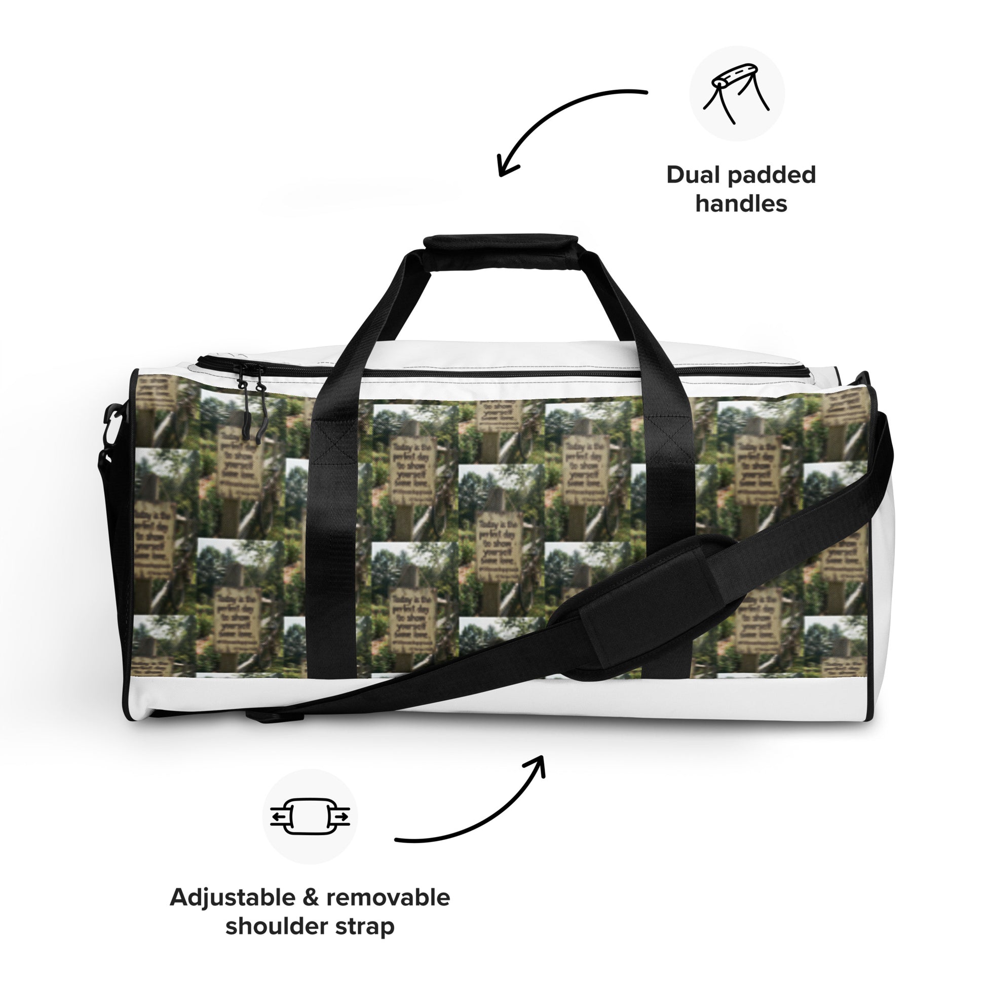 White duffle bag with dual padded handles and adjustable removable strap