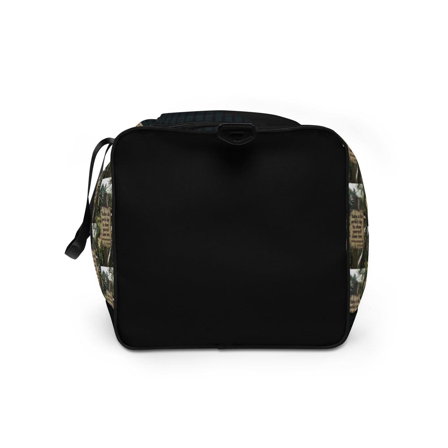 Black duffle bag with green collage trim and top handle