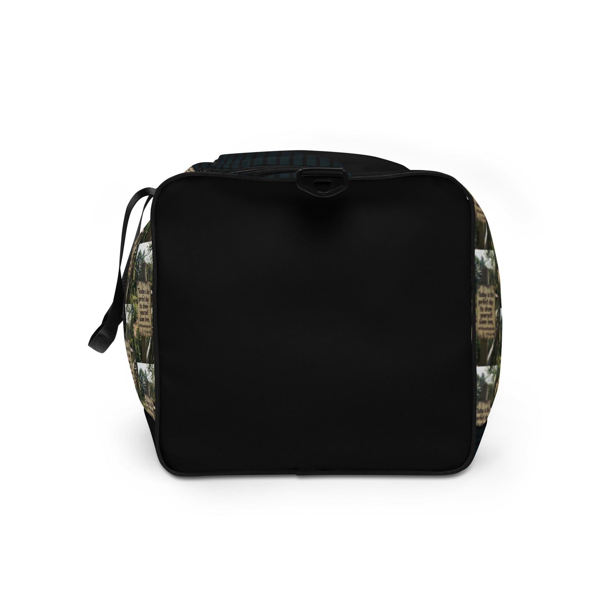 Black duffle bag with green collage trim and top handle