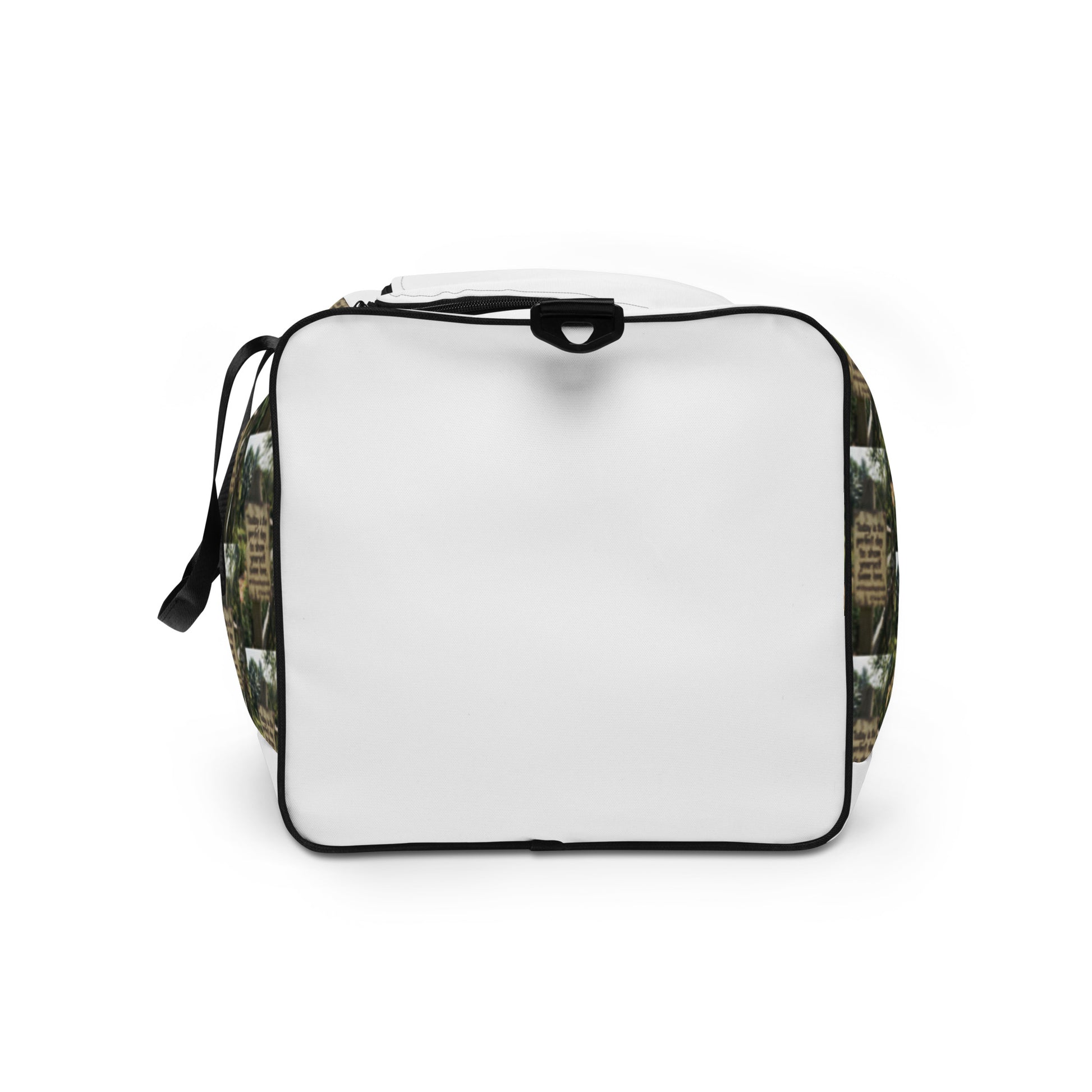 Duffle bag with white front panel; black zipper edge and side green tree-text print.