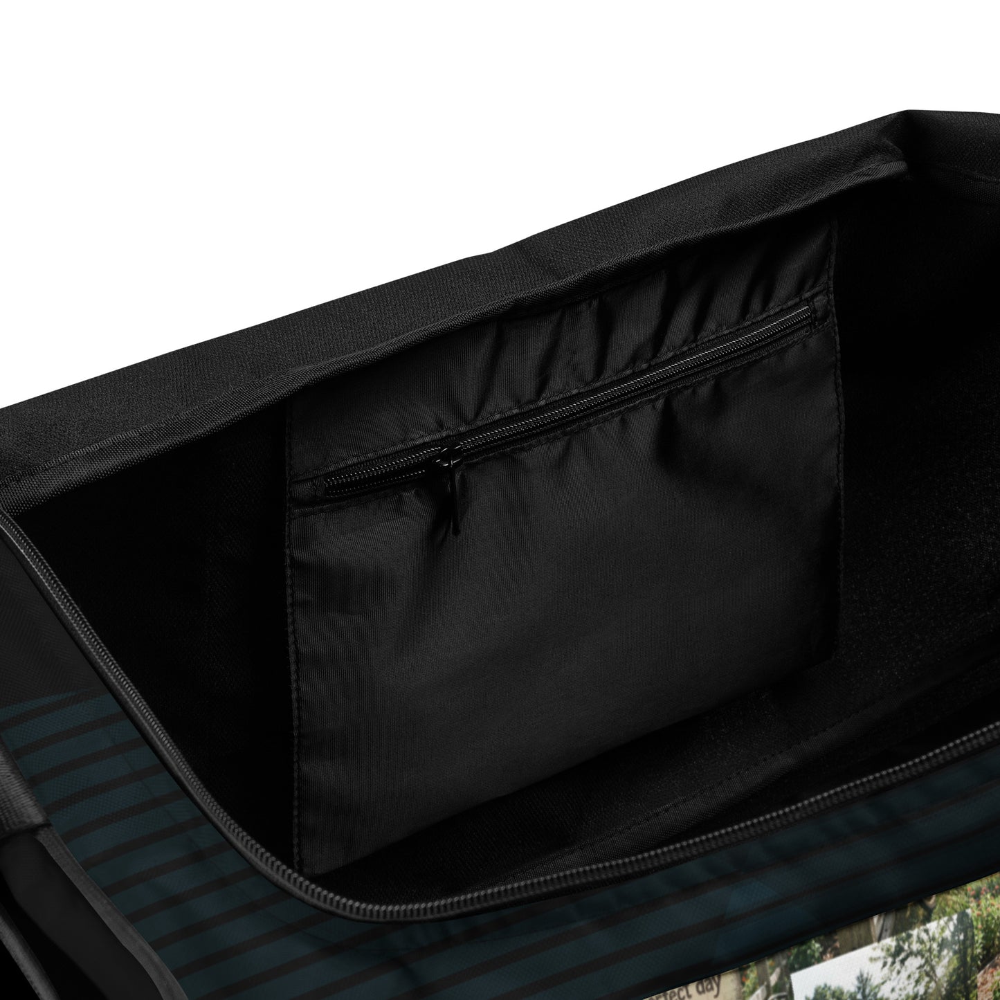 Self-love duffle bag interior zip pocket, black fabric liner