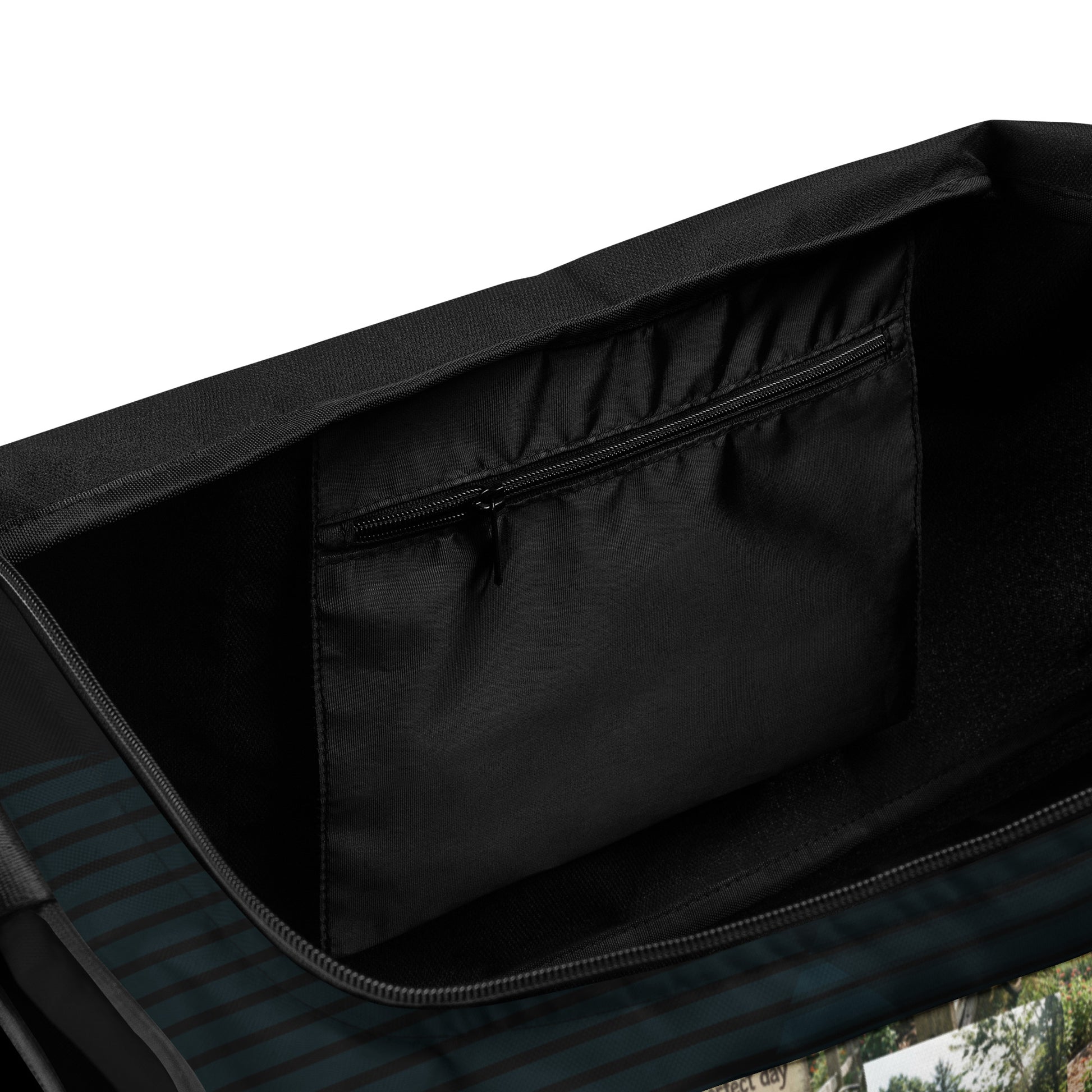 Self-love duffle bag interior zip pocket, black fabric liner