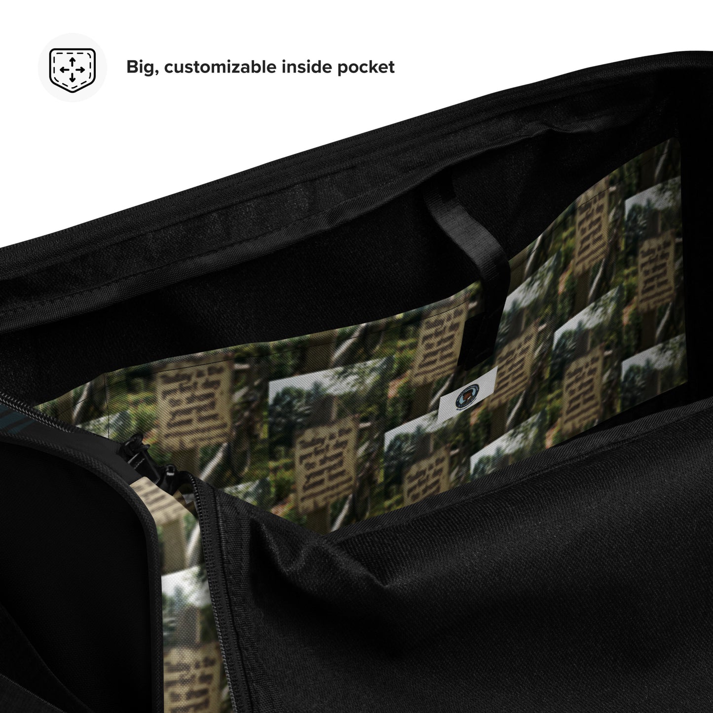 Self-love duffle bag interior with large organizer pocket and printed lining