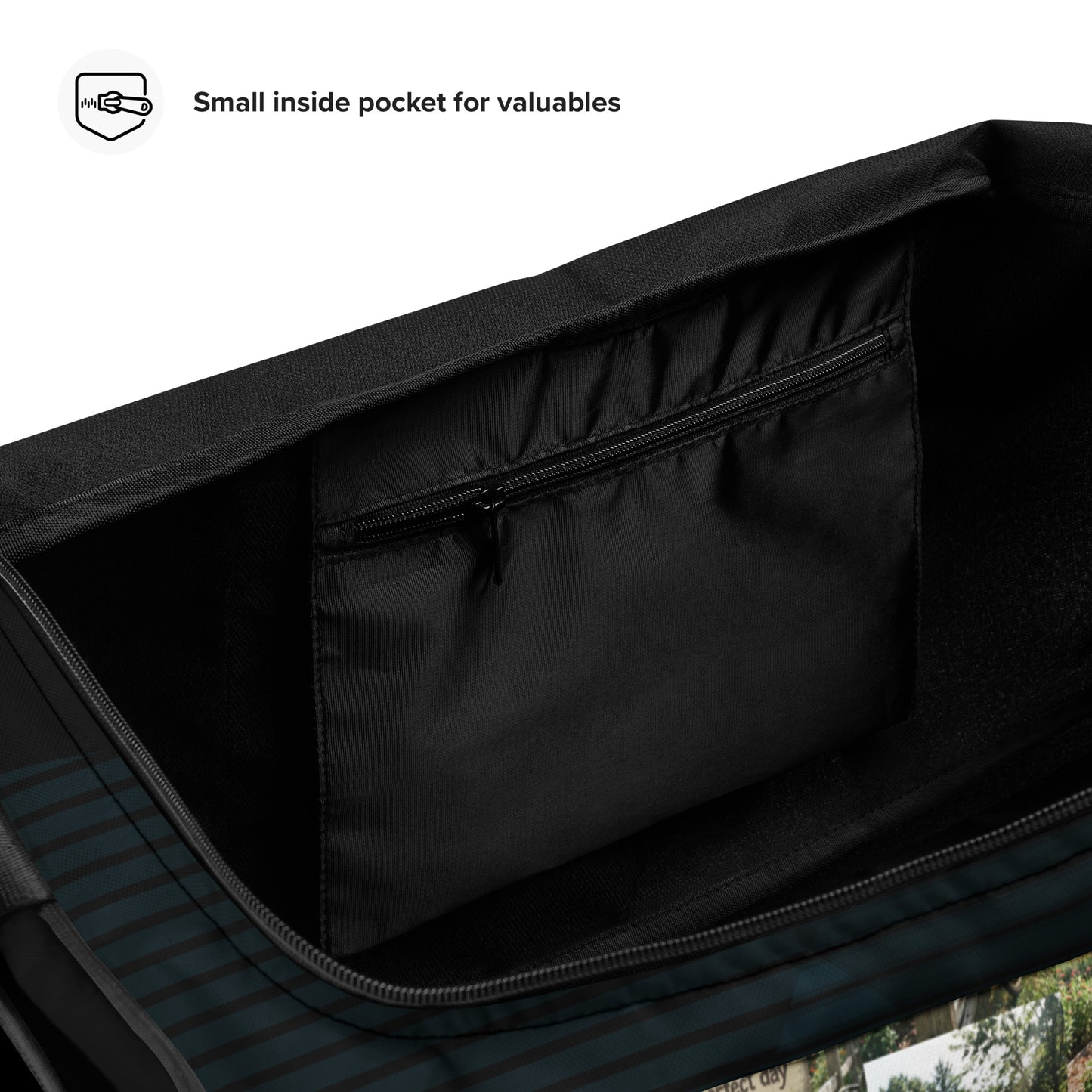 Self-love duffle bag interior pocket with zip closure, black fabric